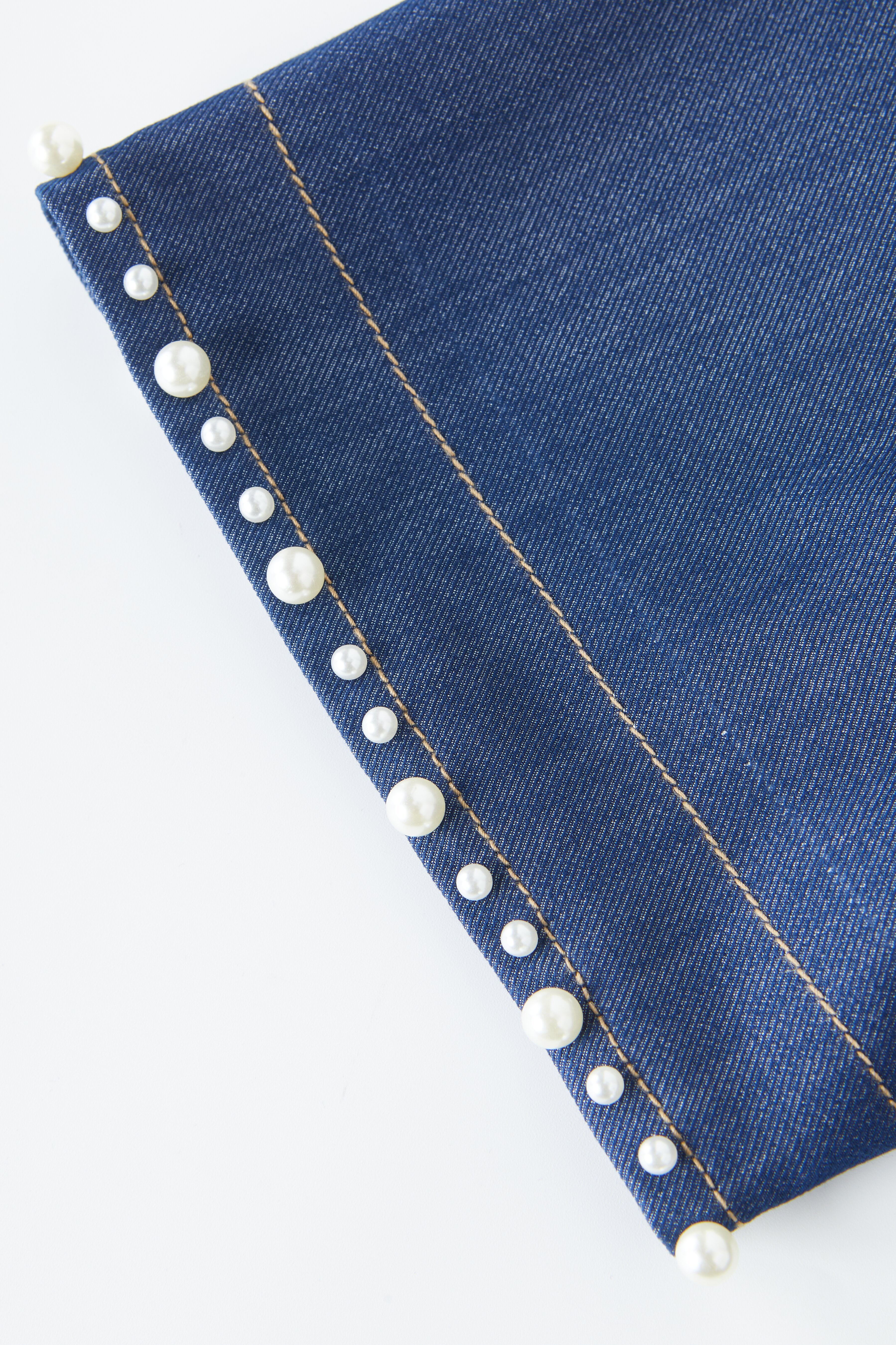 V-neck Heavy Beaded Faux Denim Dress EXQ5381