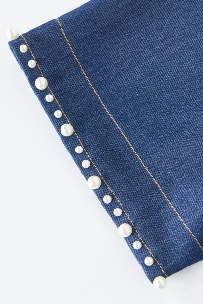 V-neck Heavy Beaded Faux Denim Dress EXQ5381