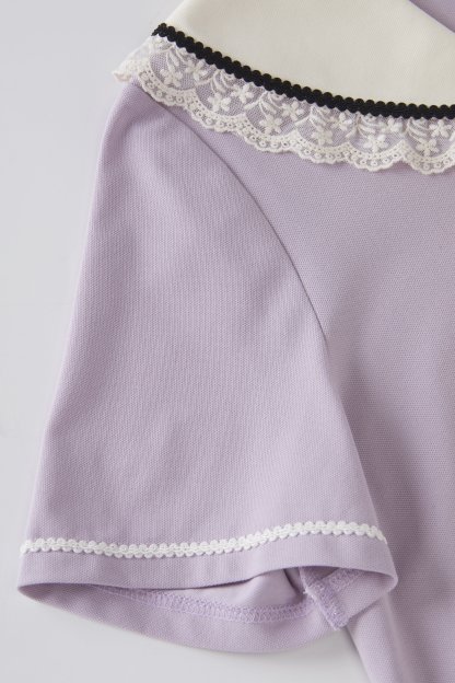 Lace Age Reducing Navy Collar Cross Color T-shirt FXA8023