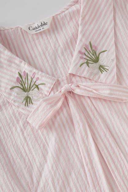 Bubble sleeve striped embroidered slim fit shirt FXA8059