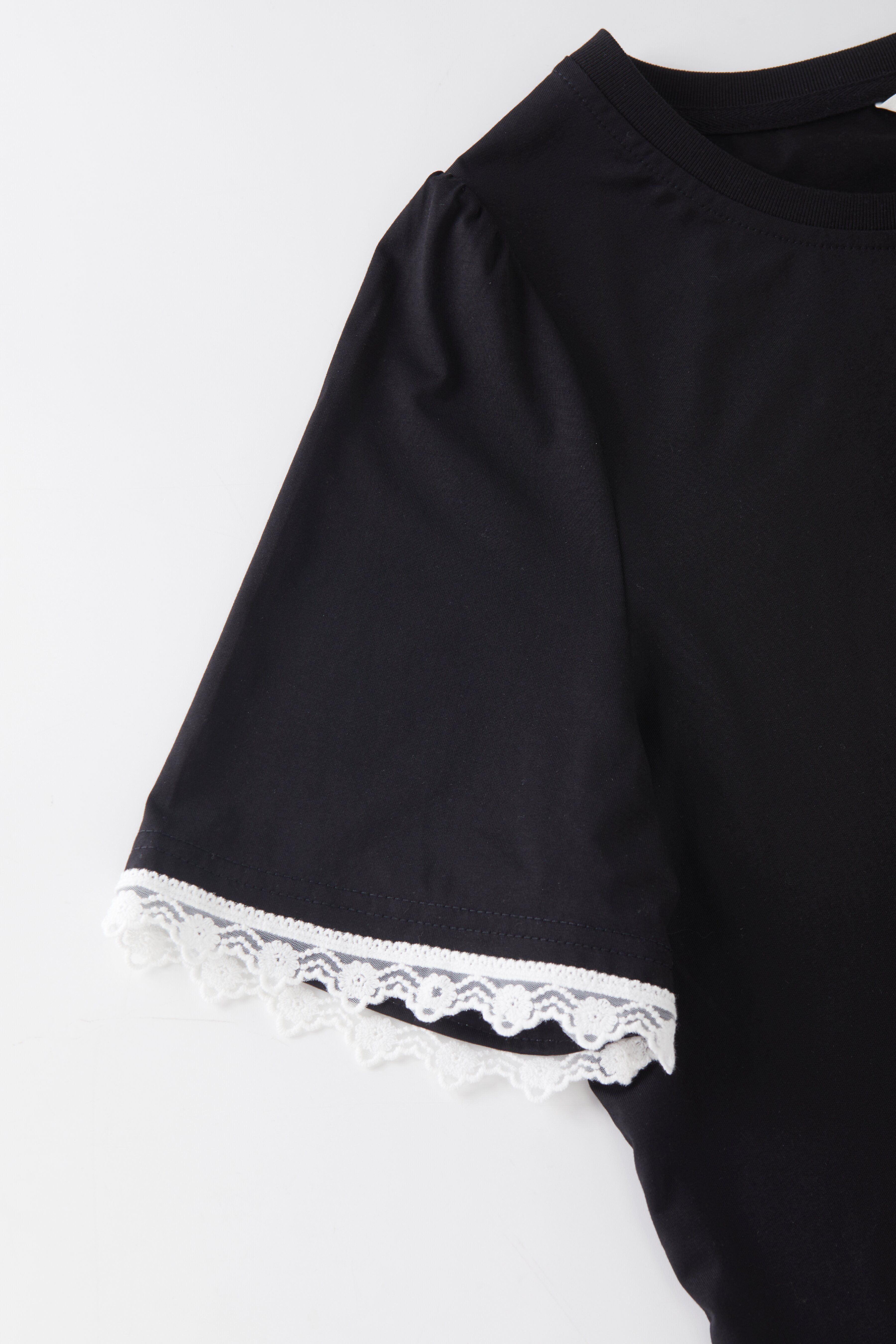 Round neck letter printed lace ruffle sleeve T-shirt FXZ8087