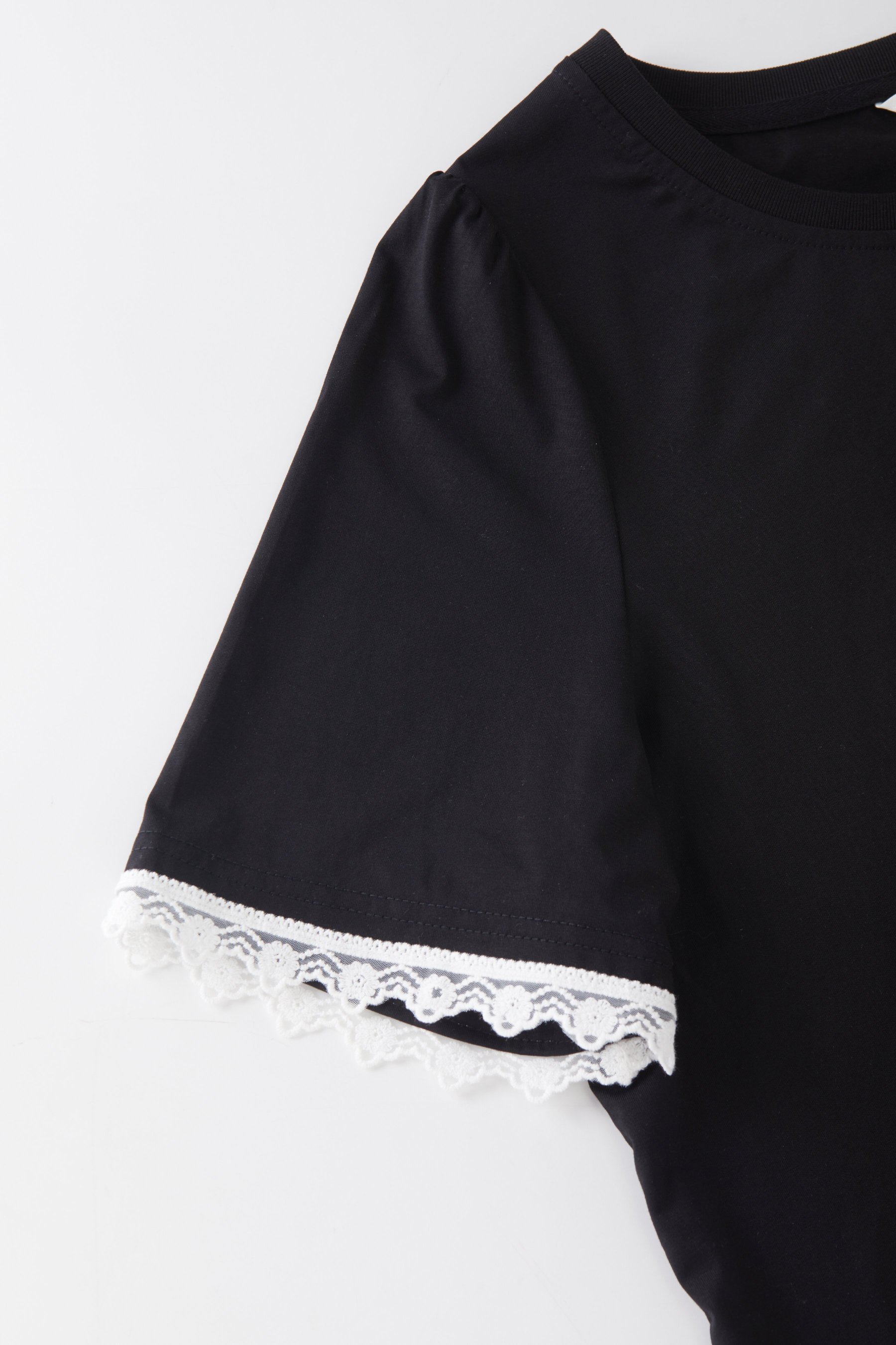 Round neck letter printed lace ruffle sleeve T-shirt FXZ8087