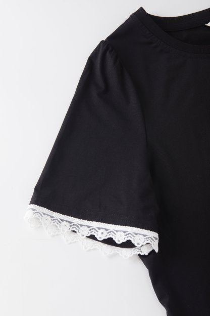 Round neck letter printed lace ruffle sleeve T-shirt FXZ8087