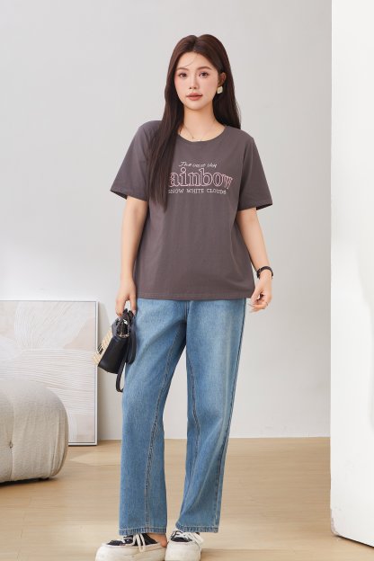 Round Neck Letter Embroidery Fashion Top EXZ2900