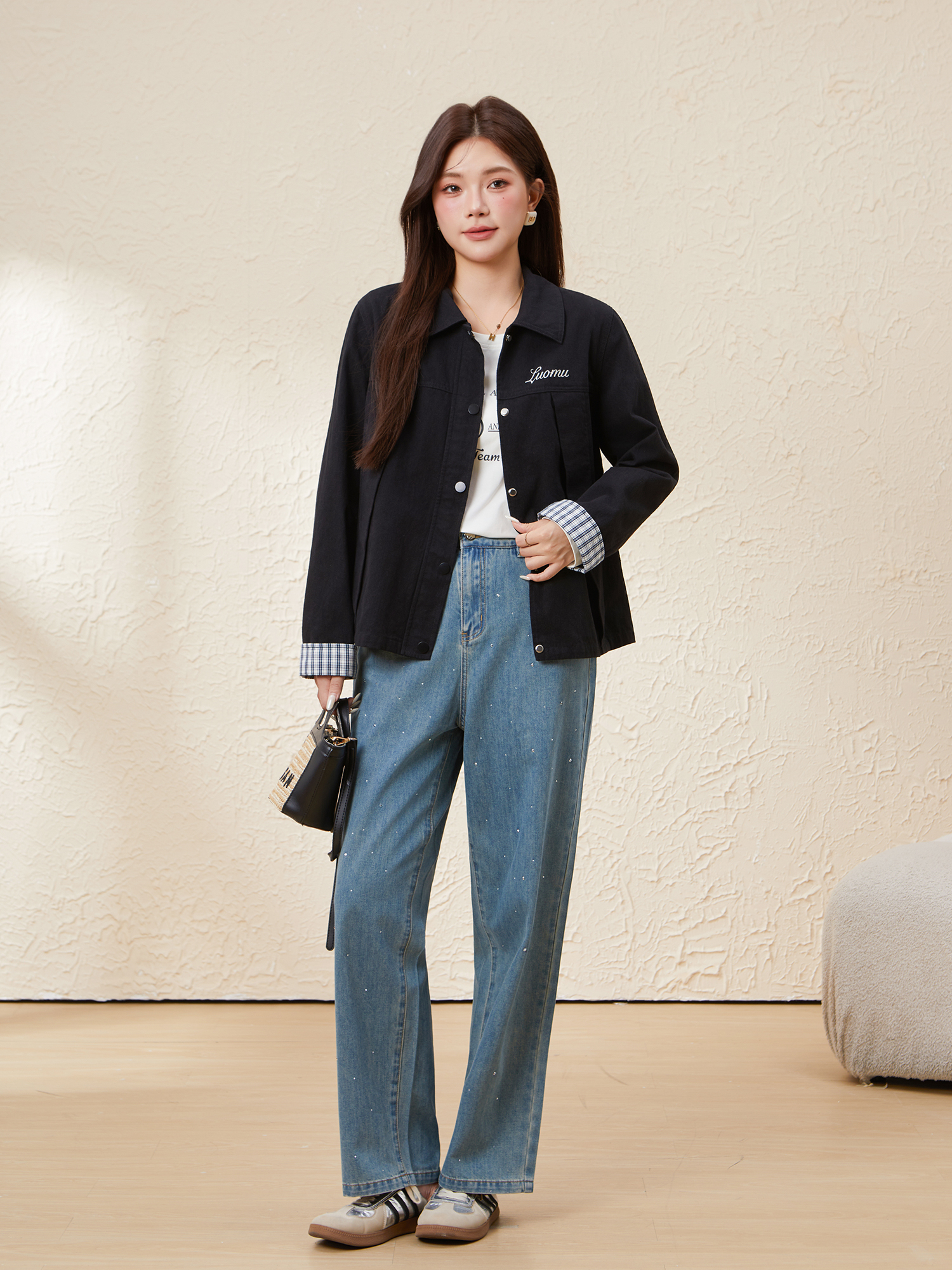 Versatile Plaid Cuff Denim Jacket EDW5676