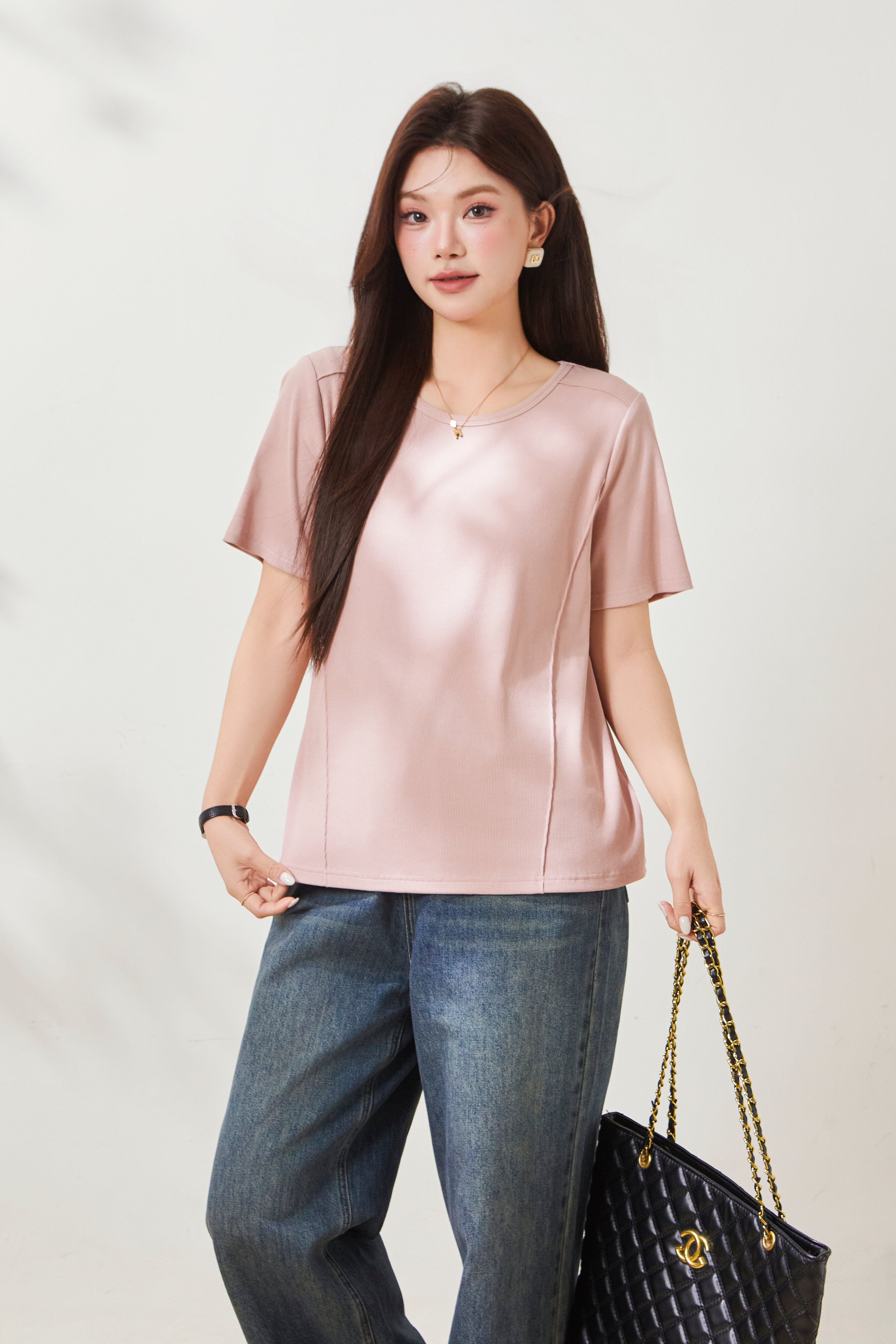 Simple and versatile anti-aging front shoulder knitted T shirt FXZ8062