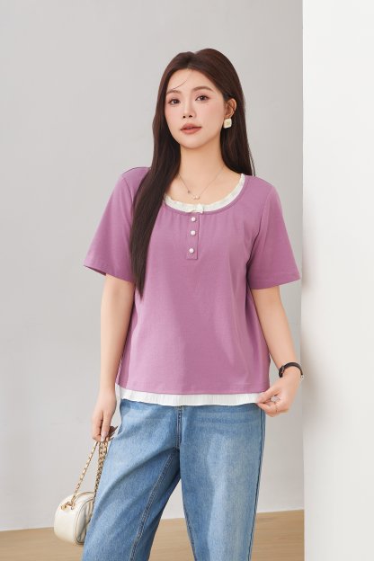 Round Neck Ruffle Edge Fake Two-Piece Top EXZ2962