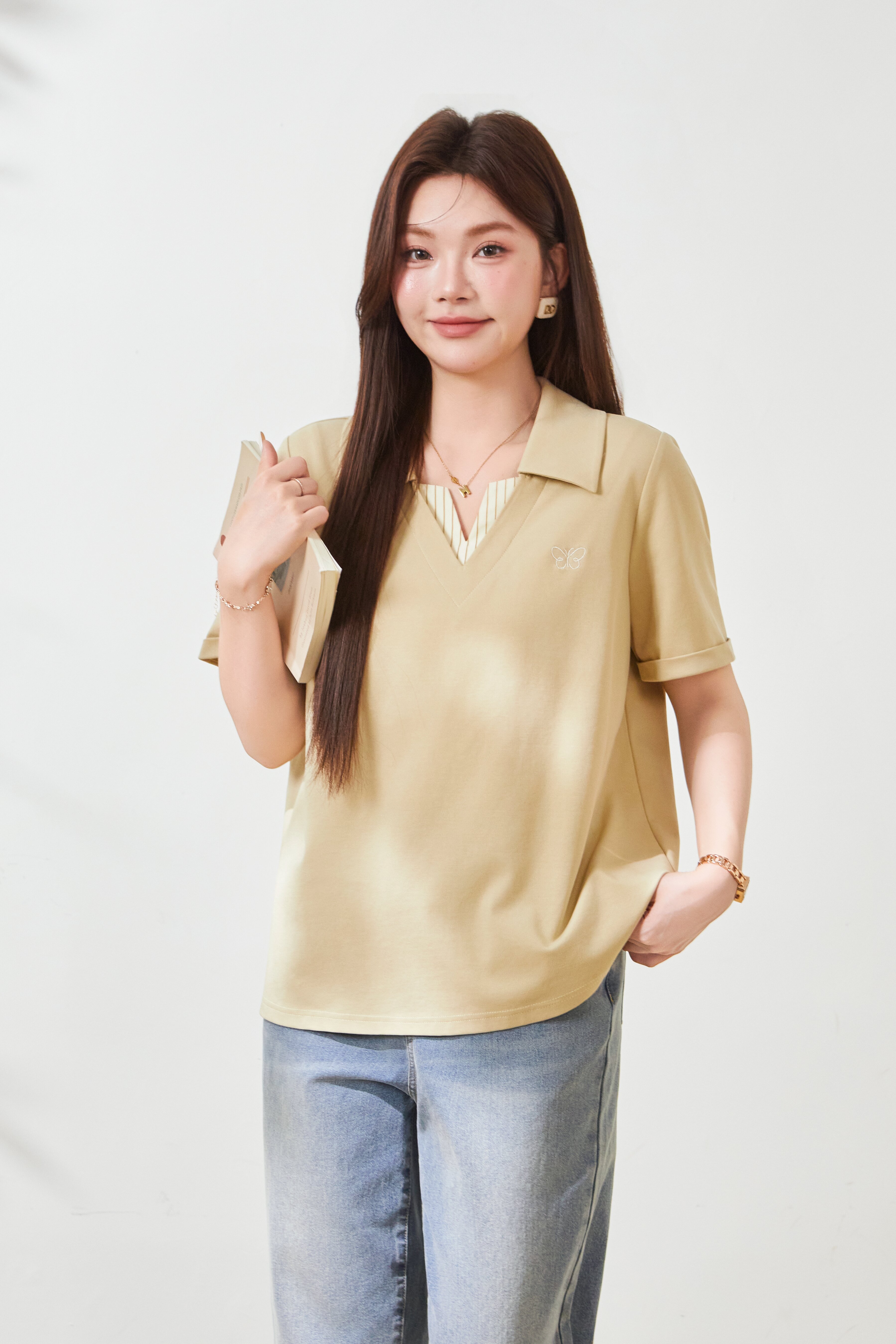 POLO collar embroidered striped V-neck T-shirt FXZ8077