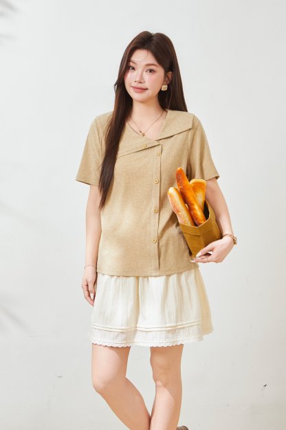 Flip collar chic slimming T-shirt FXZ9018