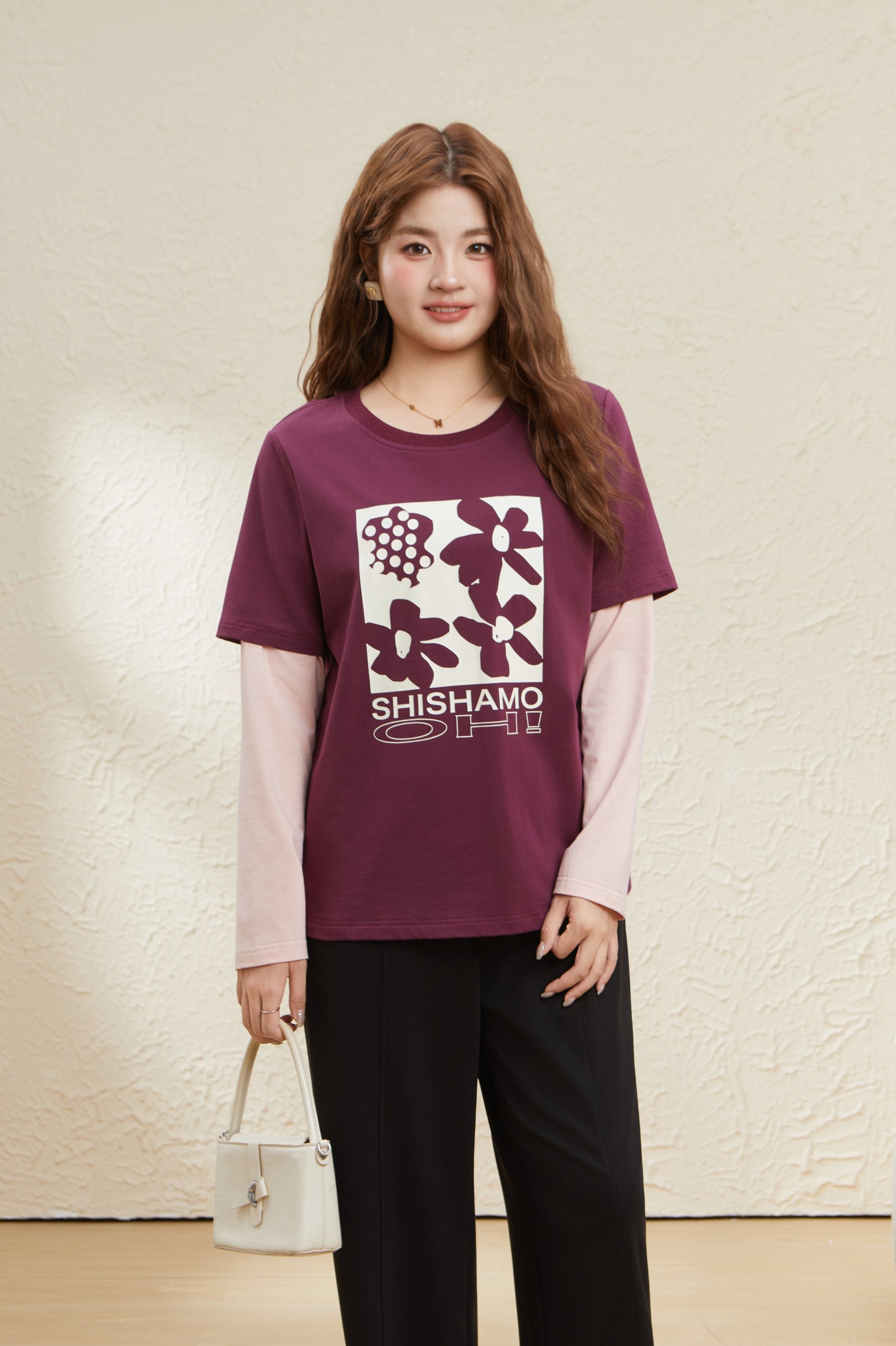 Round Neck Spliced Sleeves Printed Top EDZ5661