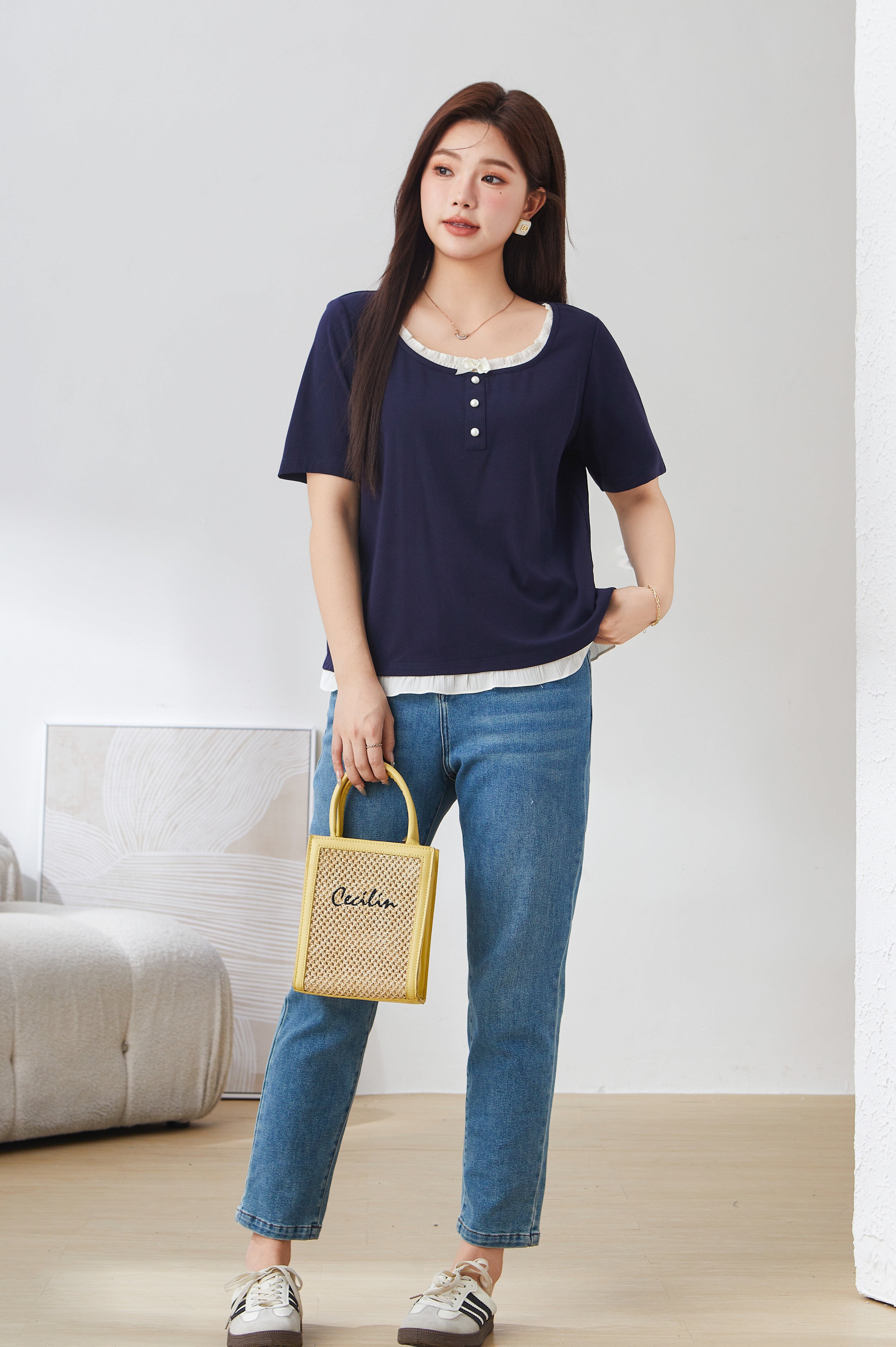 Round Neck Ruffle Edge Fake Two-Piece Top EXZ2962