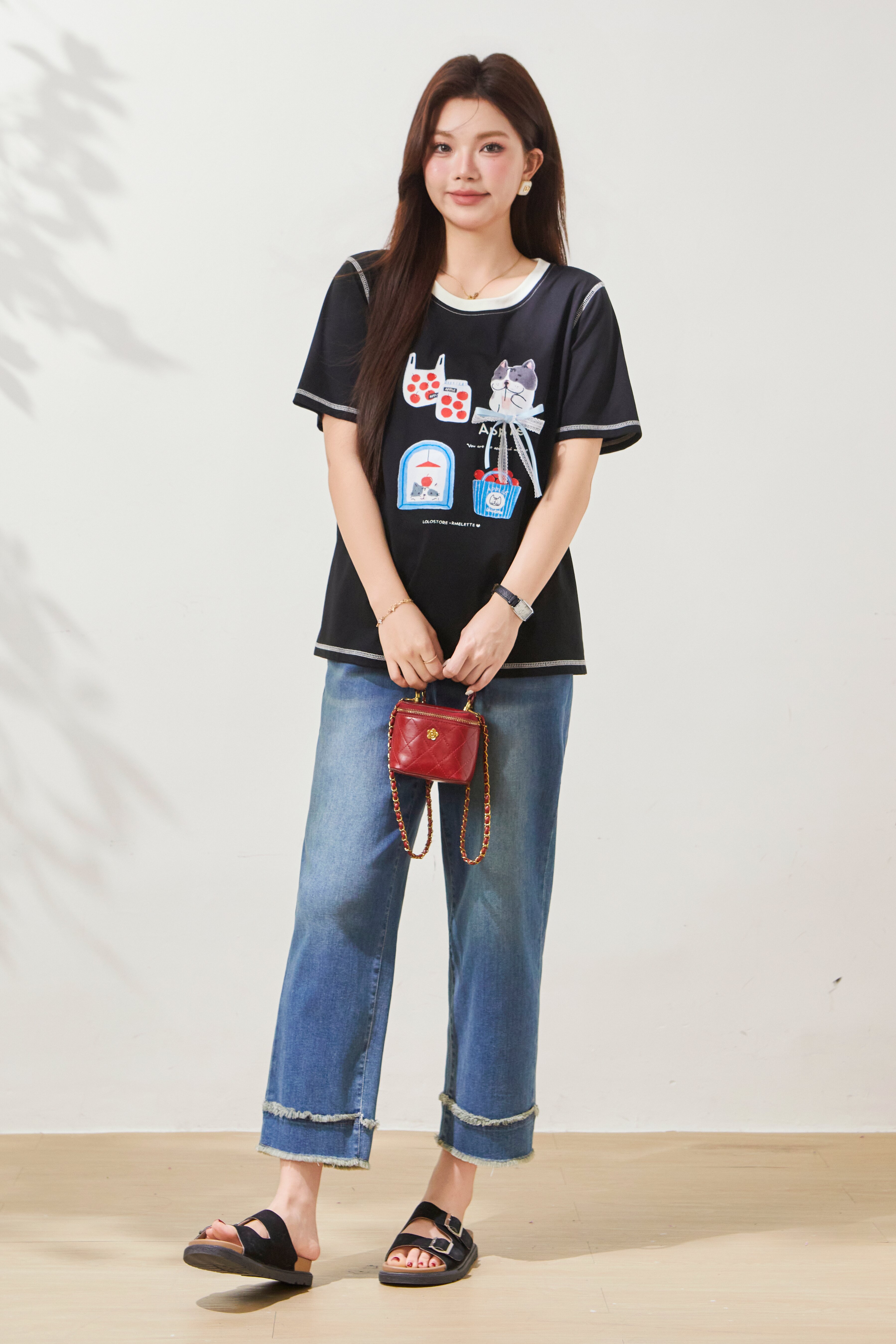 Cartoon Print Contrast Color Knit T-Shirt FXZ7071