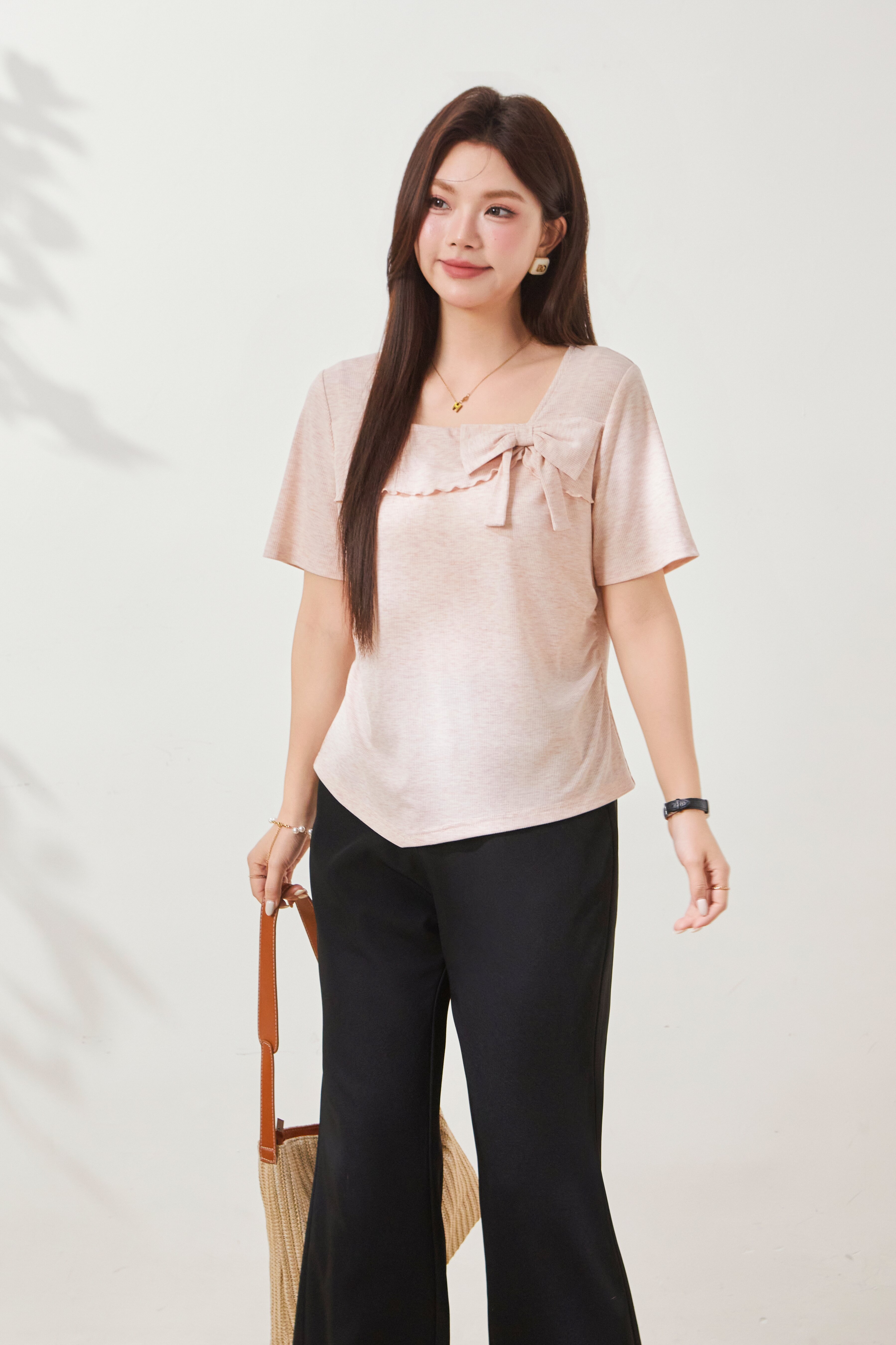 Small square collar, youthful bow-knot knitted T-shirt FXZ7087