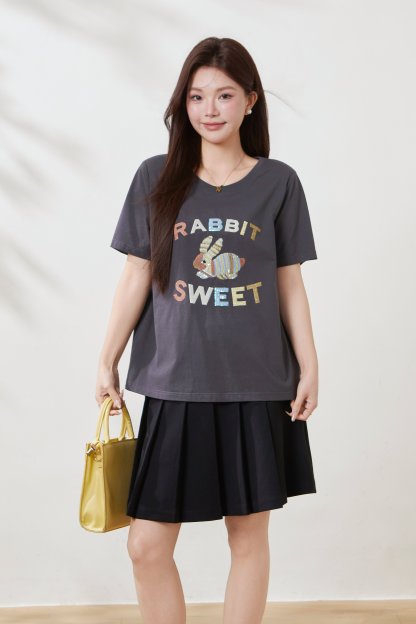 High-end three-dimensional fur embroidered knitted T-shirt FXZ7073