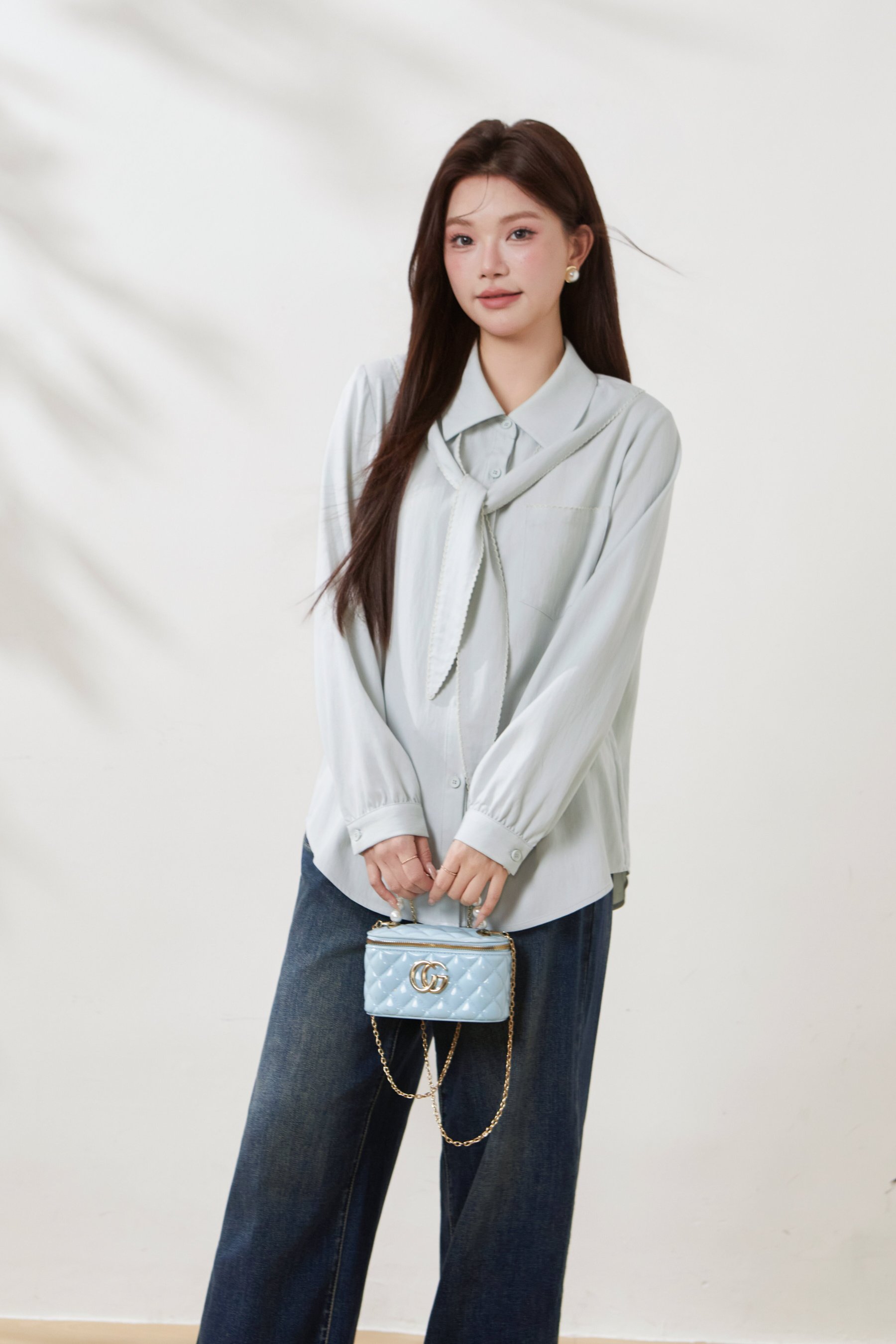 Imitation Cotton-Linen Scarf Collar Shirt FCA6978