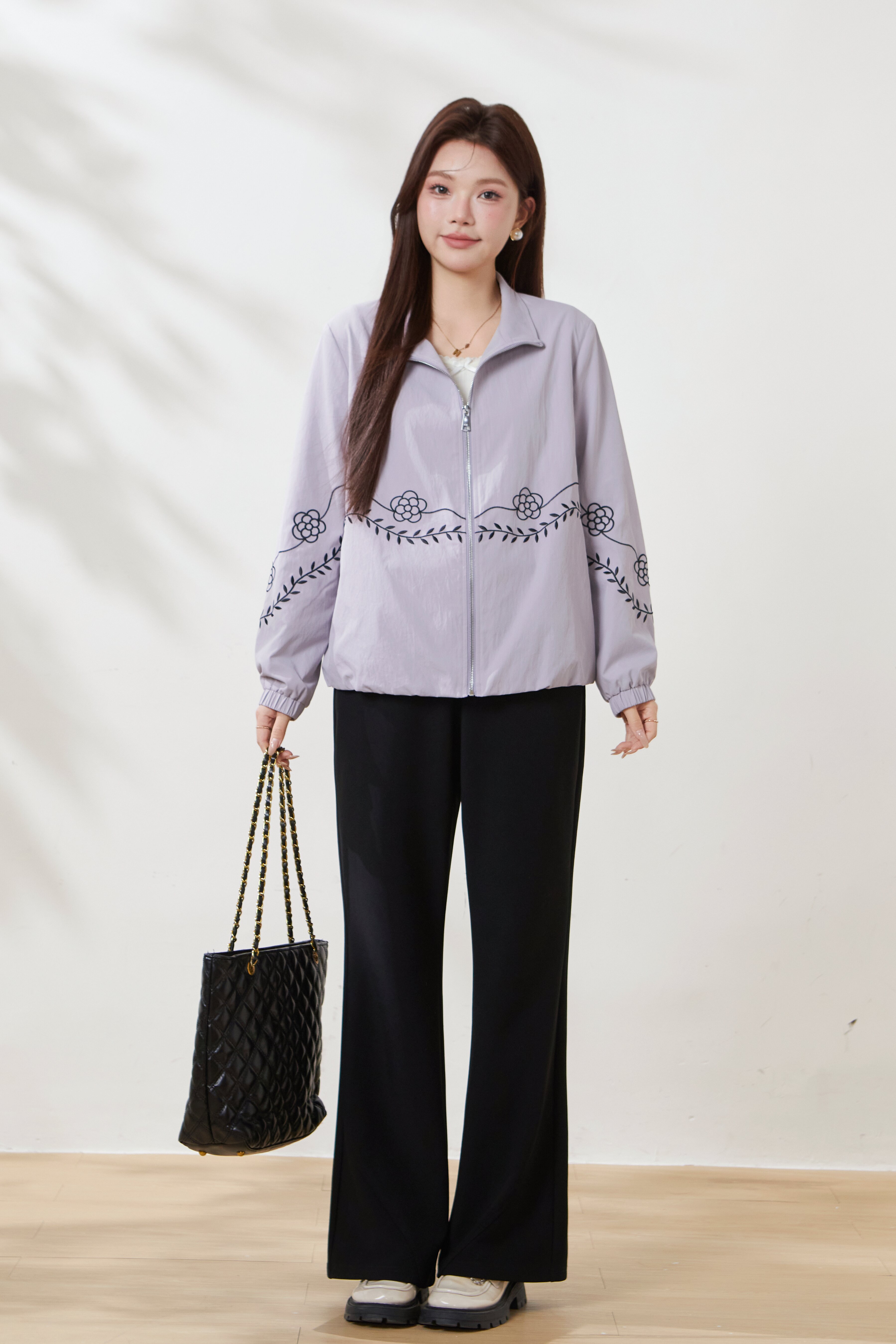 Drawstring Stand Collar Embroidered Jacket FCW6891