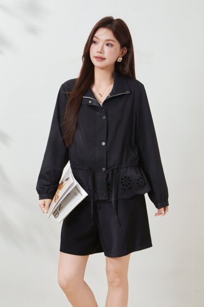 Stand-up collar hollowed-out waist-cinching jacket FCW7026