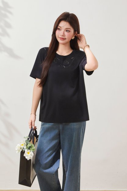 Hollow-out Embroidery Fashion Knit T-shirt FXZ7085