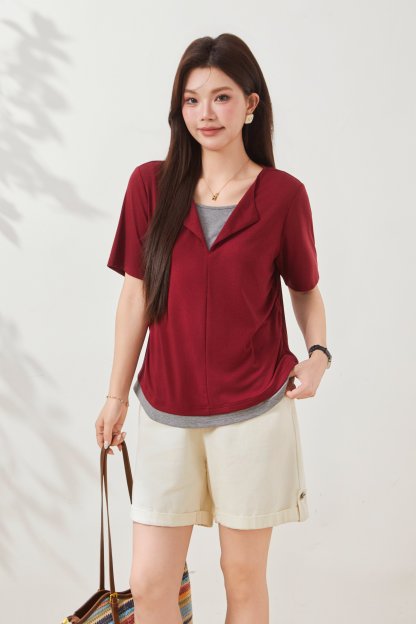 Fake Two-Piece Waist-Cinching Lyocell T-Shirt FXZ7038