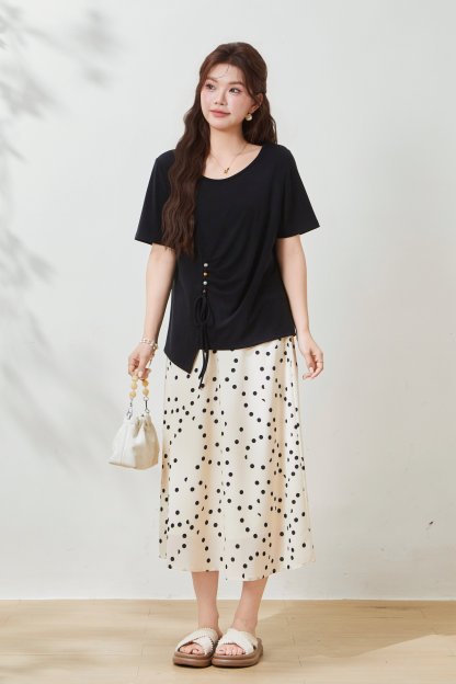 Round-neck, waist-cinching Tencel knit T-shirt FXZ7072