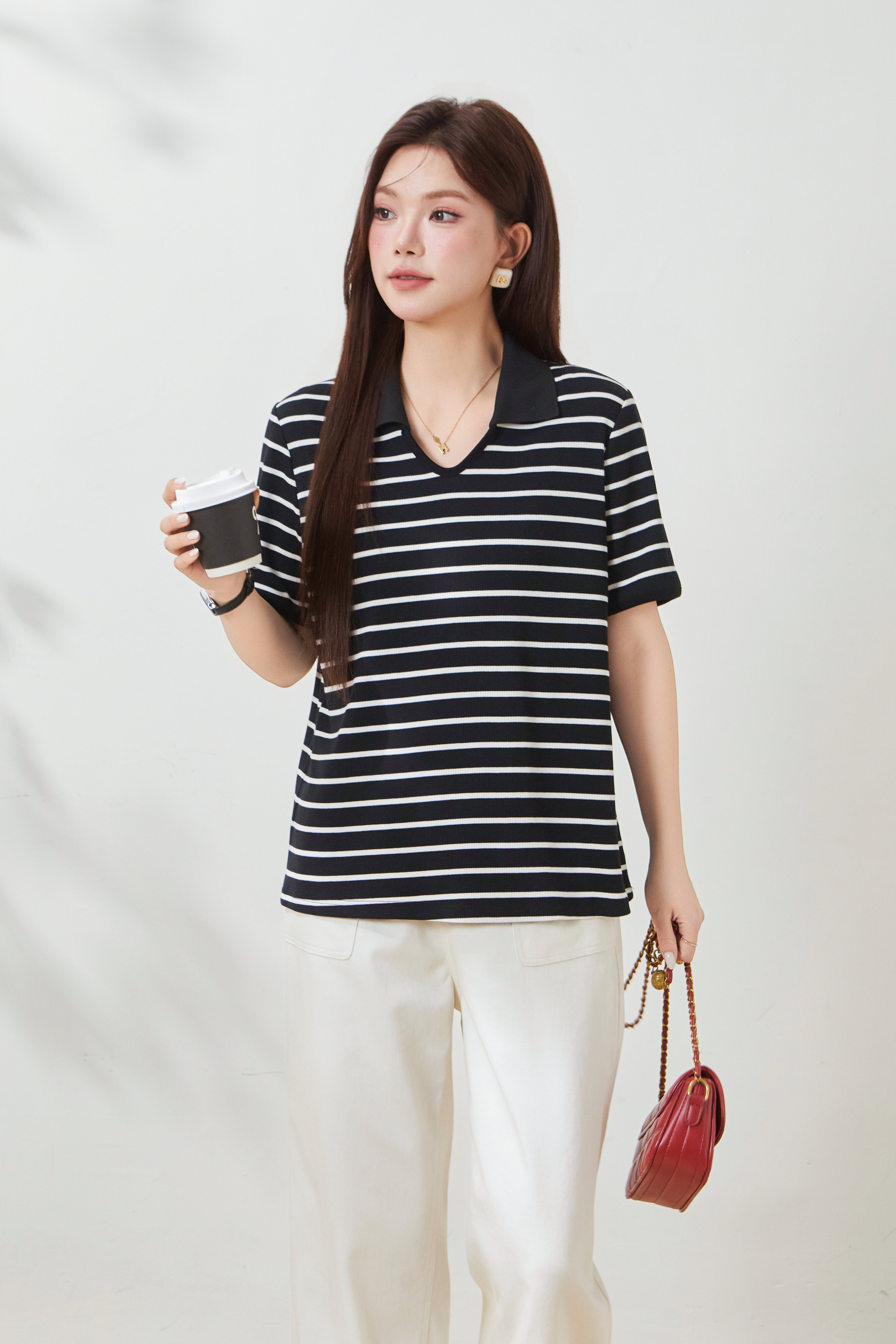 Knitted Ribbed V-Neck Striped T-Shirt FXZ7050