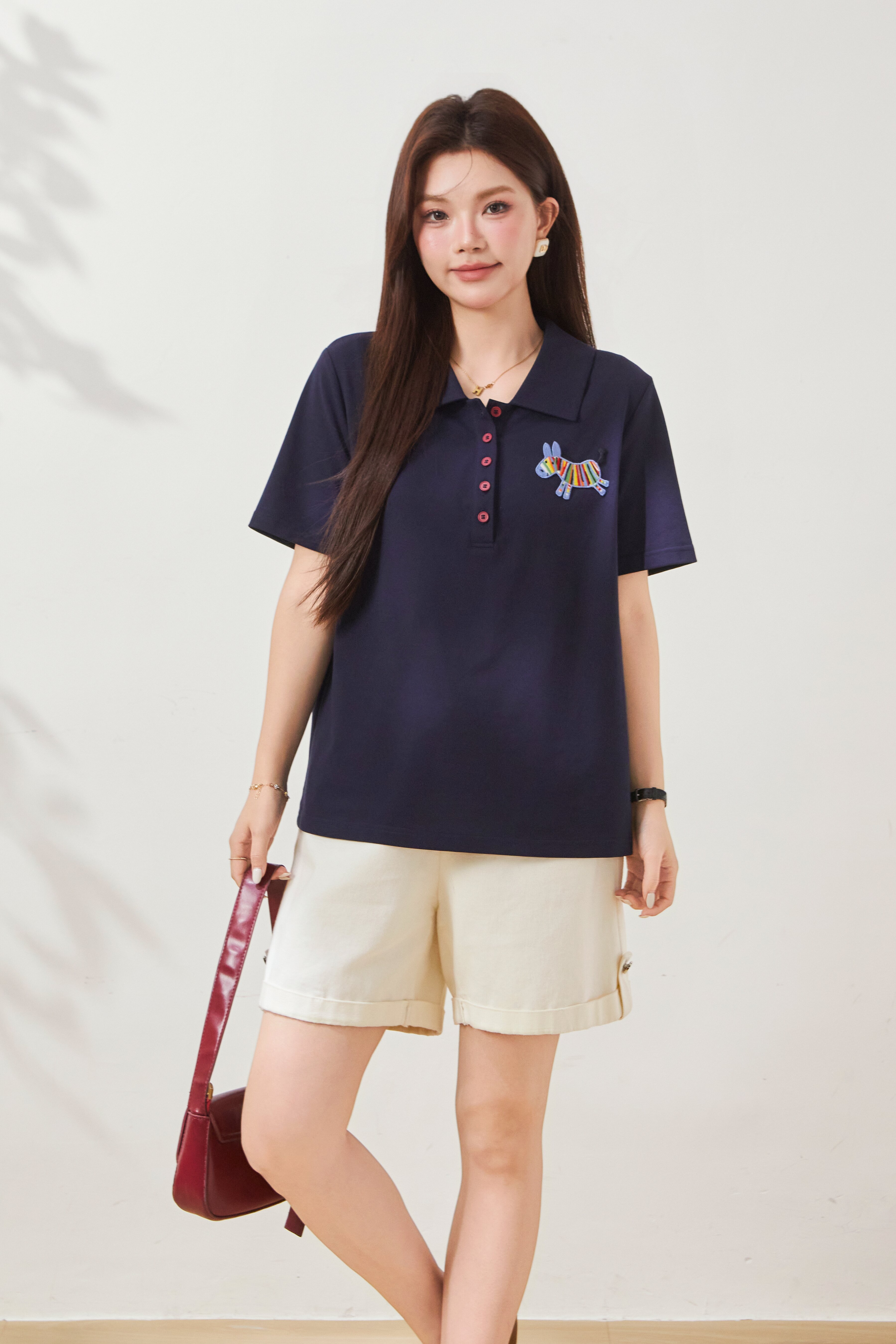 POLO collar short-sleeve T-shirt with horse embroidery FXZ7066