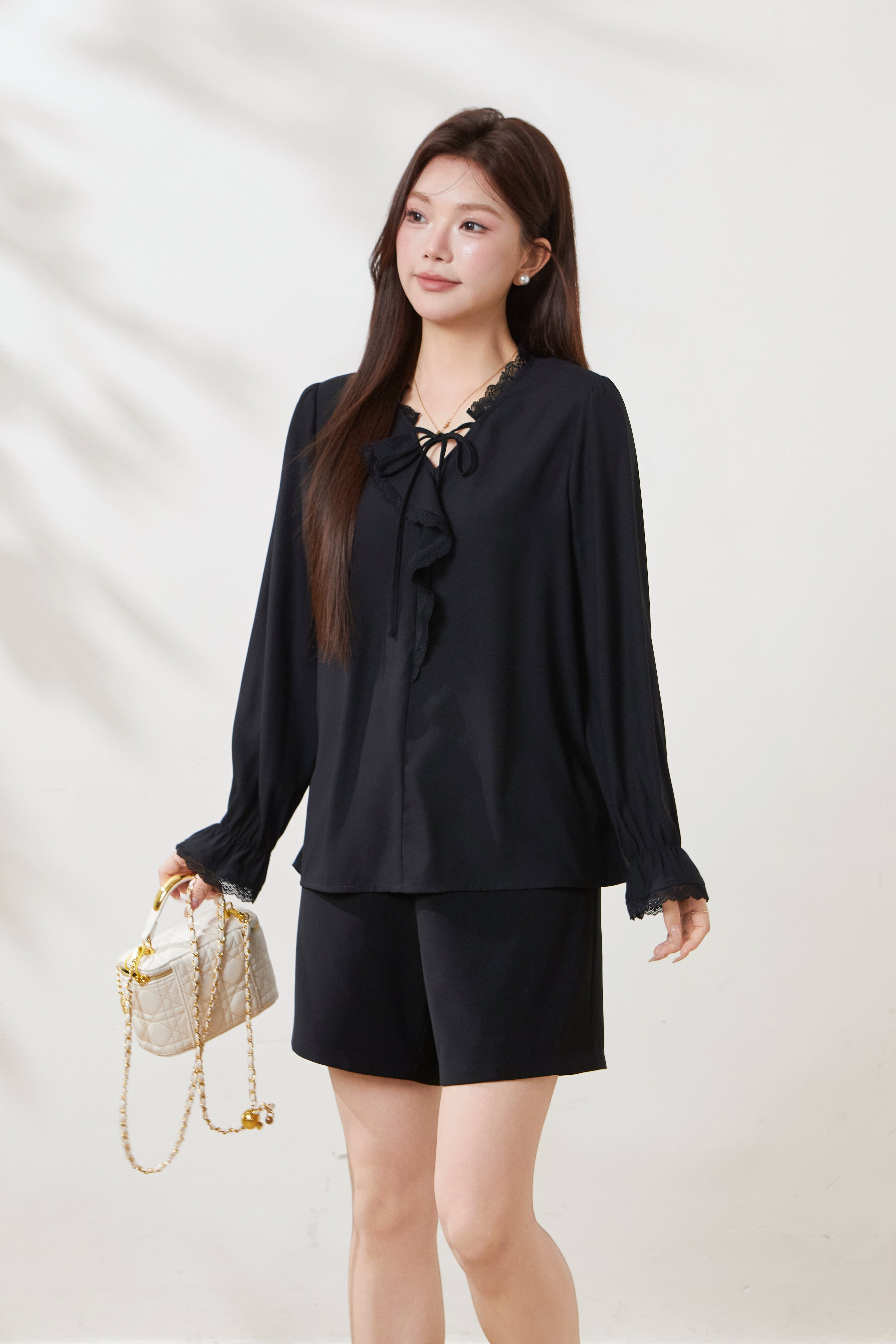 Sweet Hollowed-Out Ruffle V-Neck Blouse FCA6923