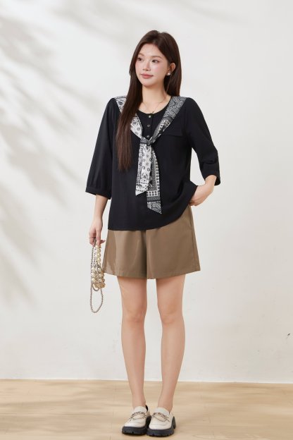 Printed shawl with ribbon, imitation cotton-linen blouse FCA6925