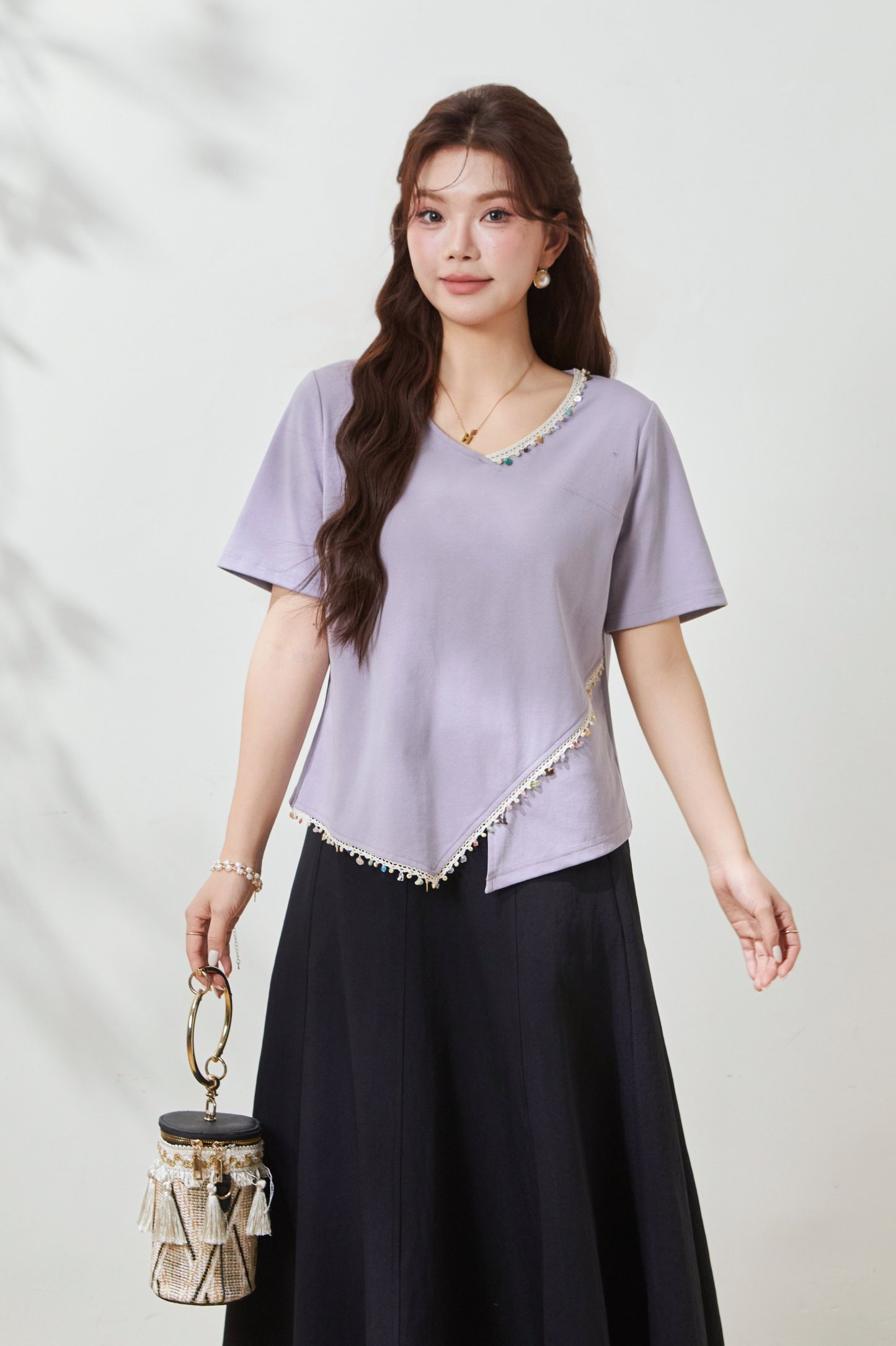 Irregular knit with waist cinching T-shirt FXZ7033