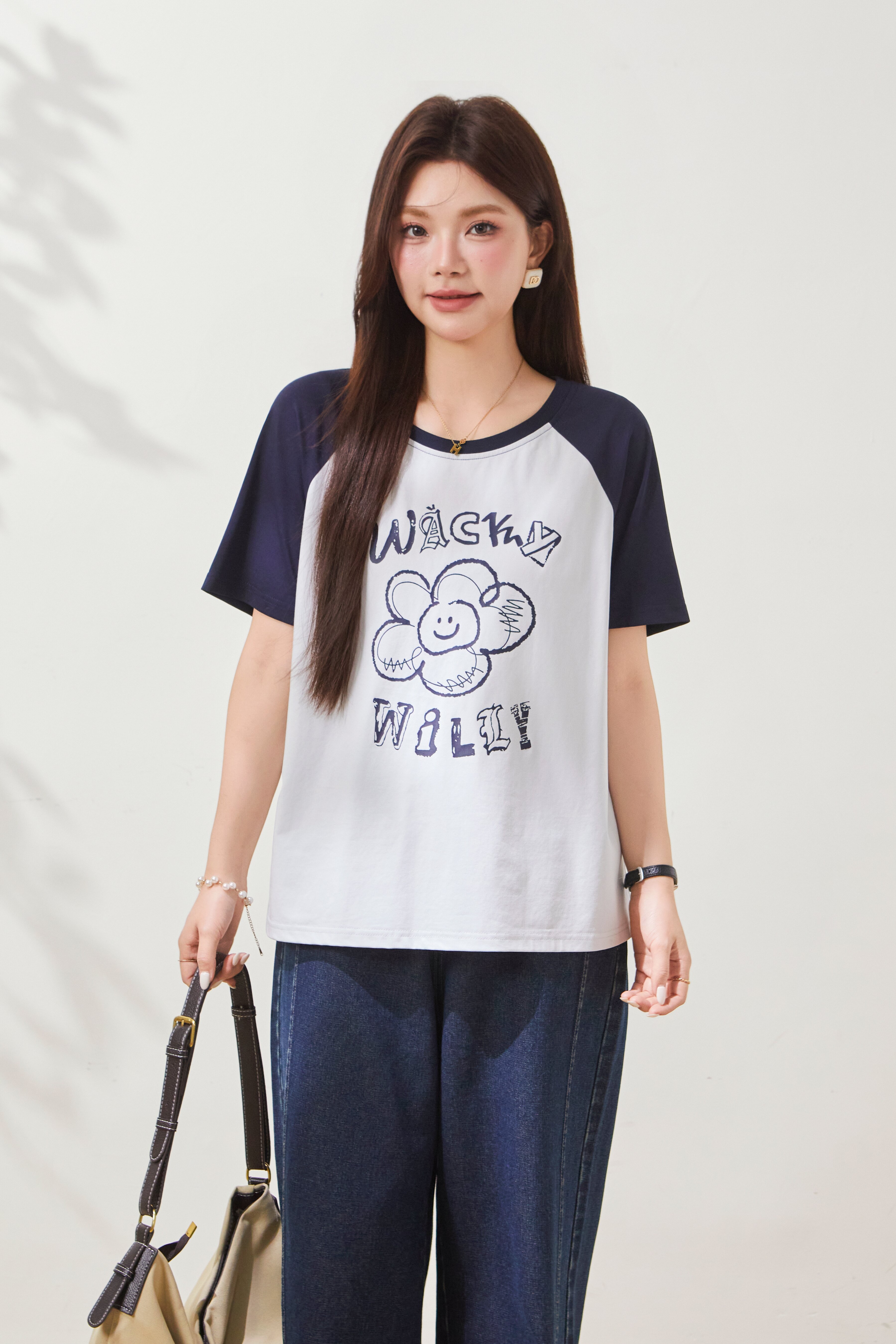 Flower print contrasting raglan sleeve T-shirt FXZ8011