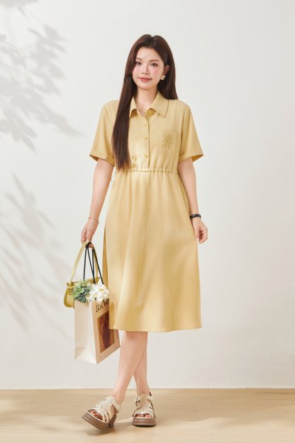 Collar sleeves rolled up, waist cinched, embroidered dress FXQ7075