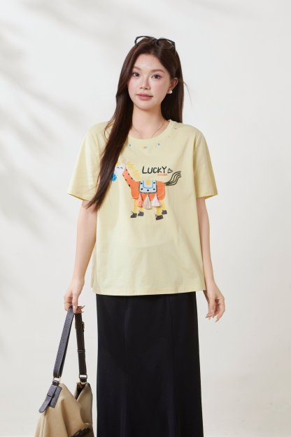 Unique cartoon printed fringe pony T-shirt FXZ8073