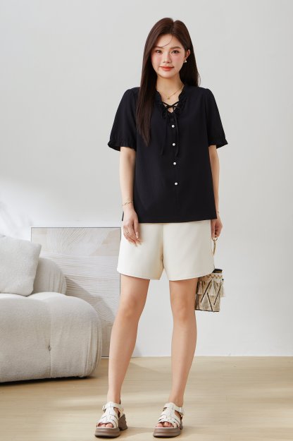 Ruffled Edge Tie Bubble Sleeve Blouse EXA5158