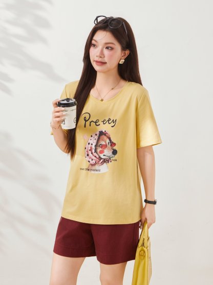Round-neck sketch puppy print top FXZ7031