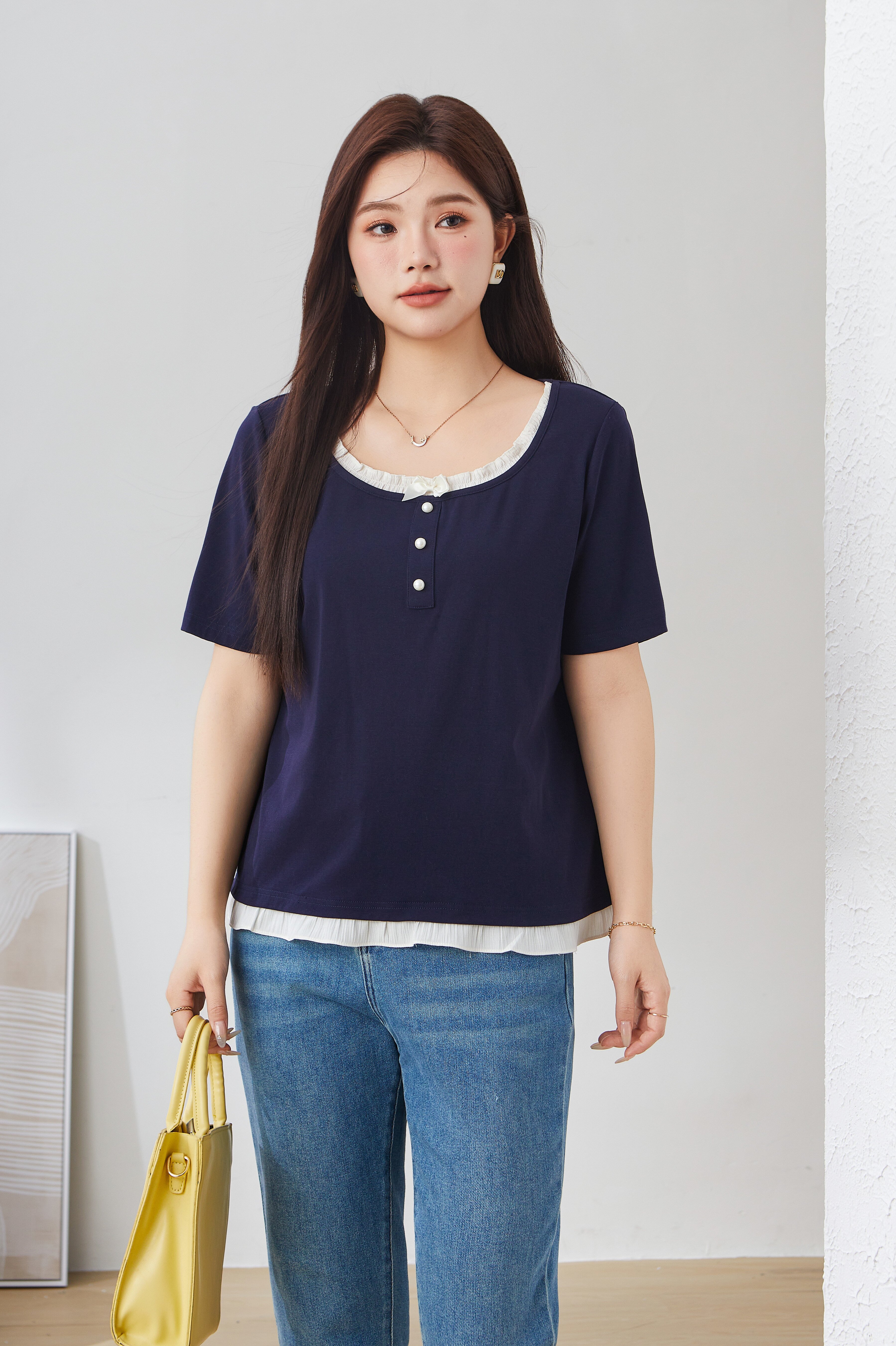 Round Neck Ruffle Edge Fake Two-Piece Top EXZ2962