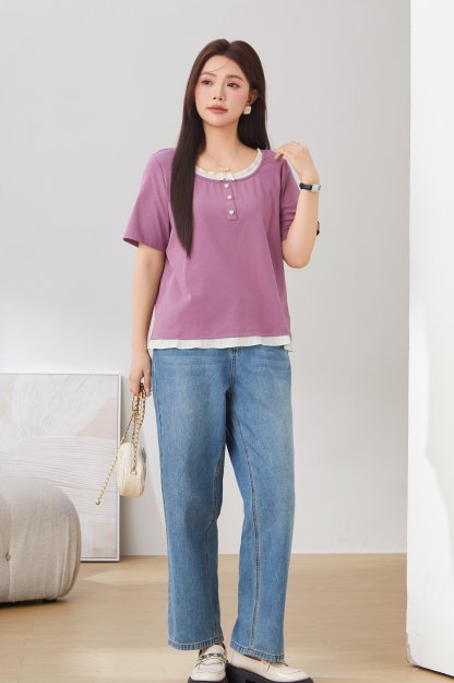 Round Neck Ruffle Edge Fake Two-Piece Top EXZ2962