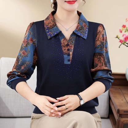 เสื้อเชิ้ตพิมพ์ลายวินเทจฤดูใบไม้ร่วงและฤดูหนาว ทรงหลวมคอปก