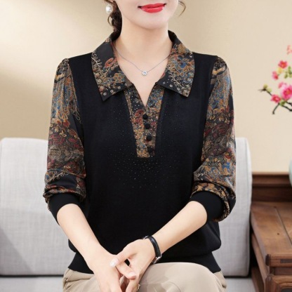 เสื้อเชิ้ตพิมพ์ลายวินเทจฤดูใบไม้ร่วงและฤดูหนาว ทรงหลวมคอปก