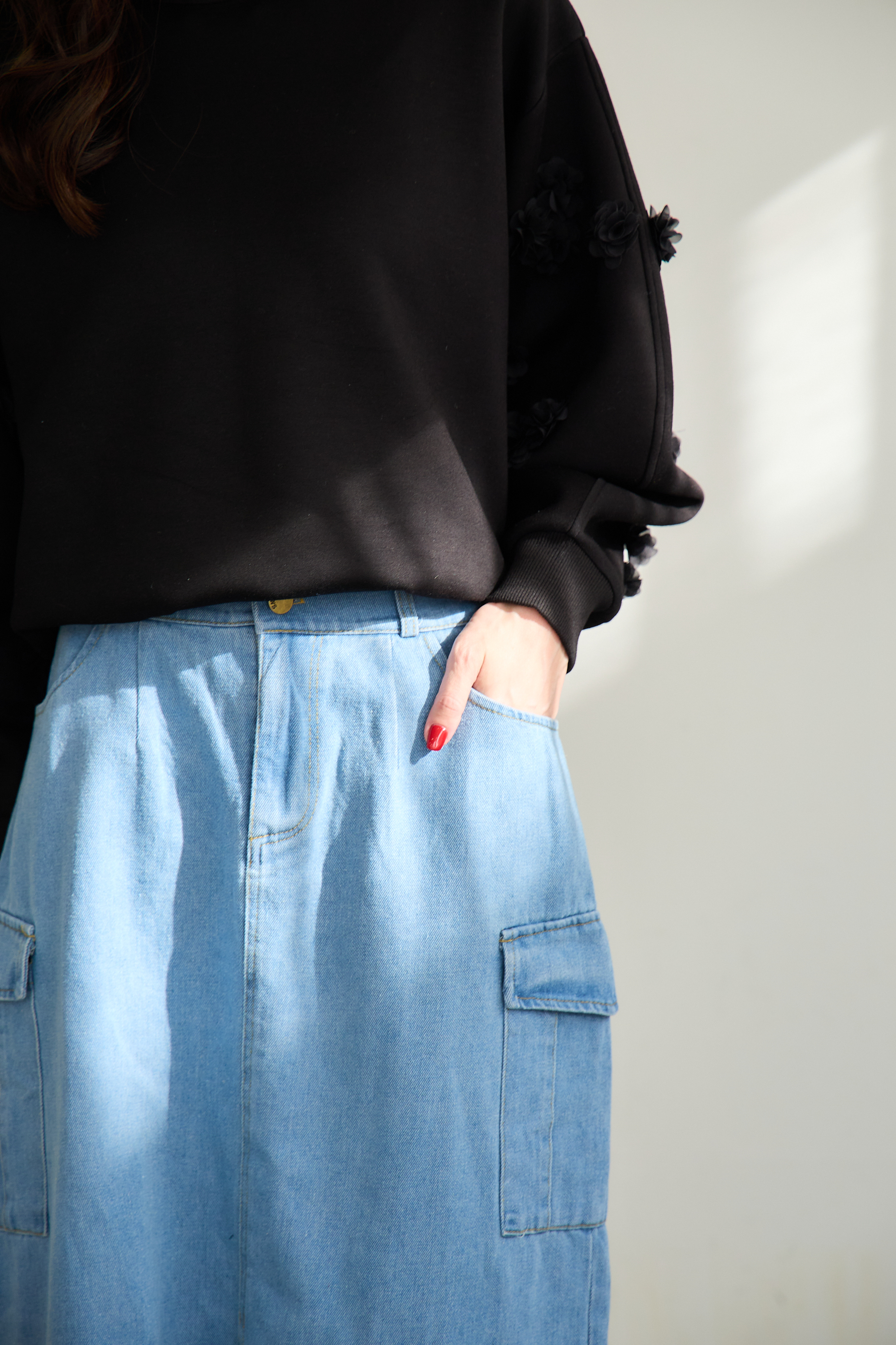 【スリット入りデニムカーゴロングスカート(kk1002)】