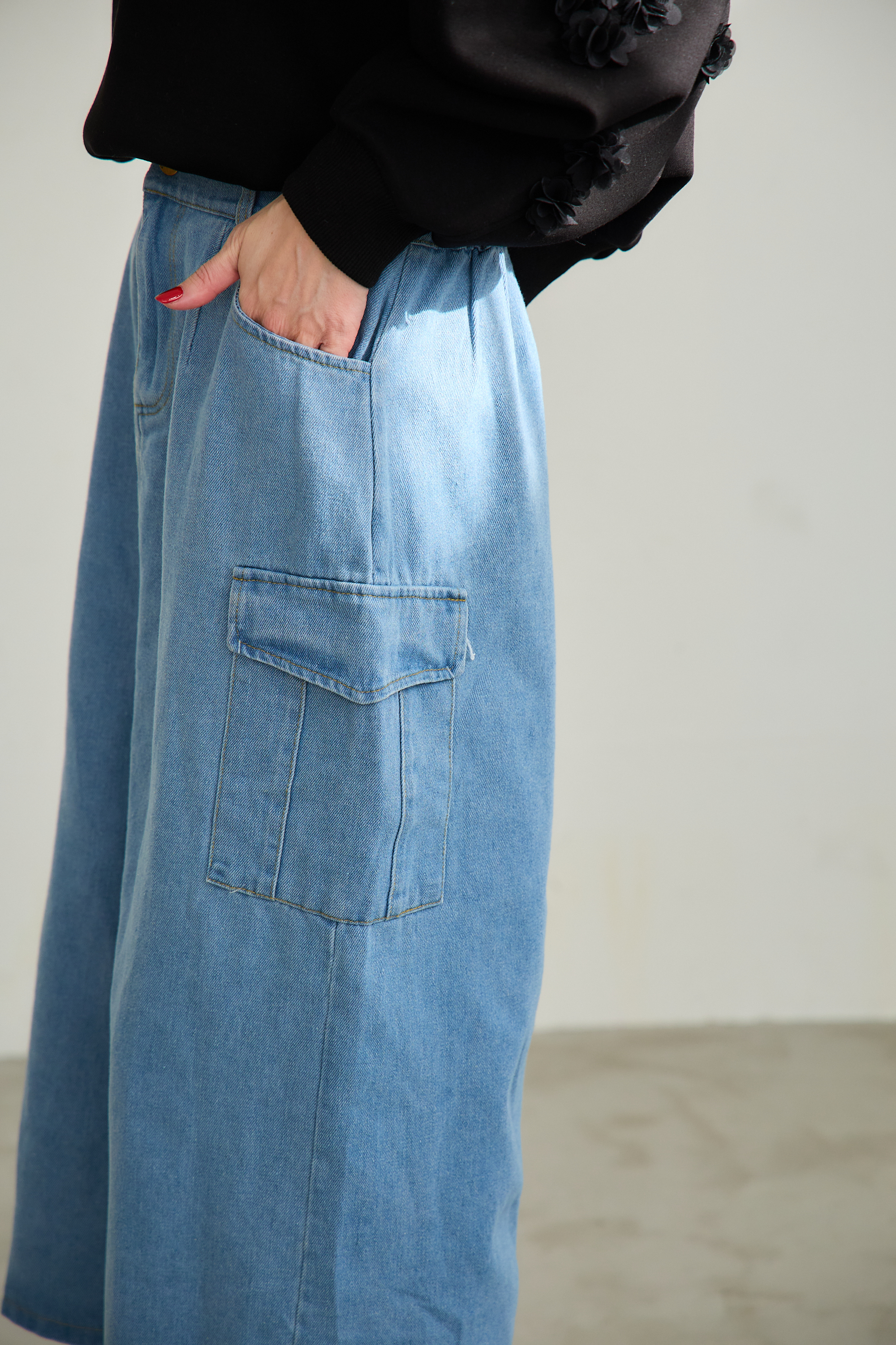【スリット入りデニムカーゴロングスカート(kk1002)】