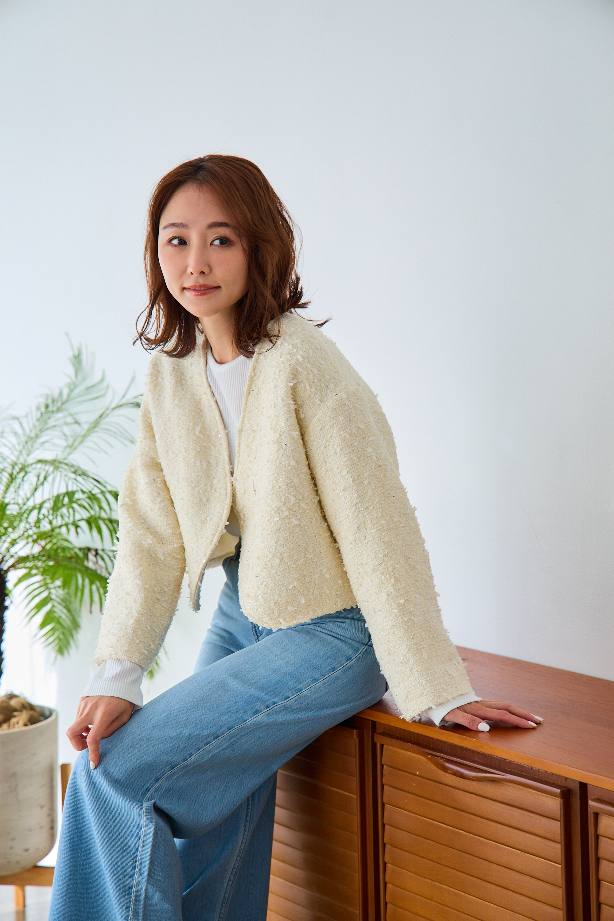 mako×Myuコラボ【キラキラツイード スッキリ見せノーカラージャケット(kbm603)】メール便OK