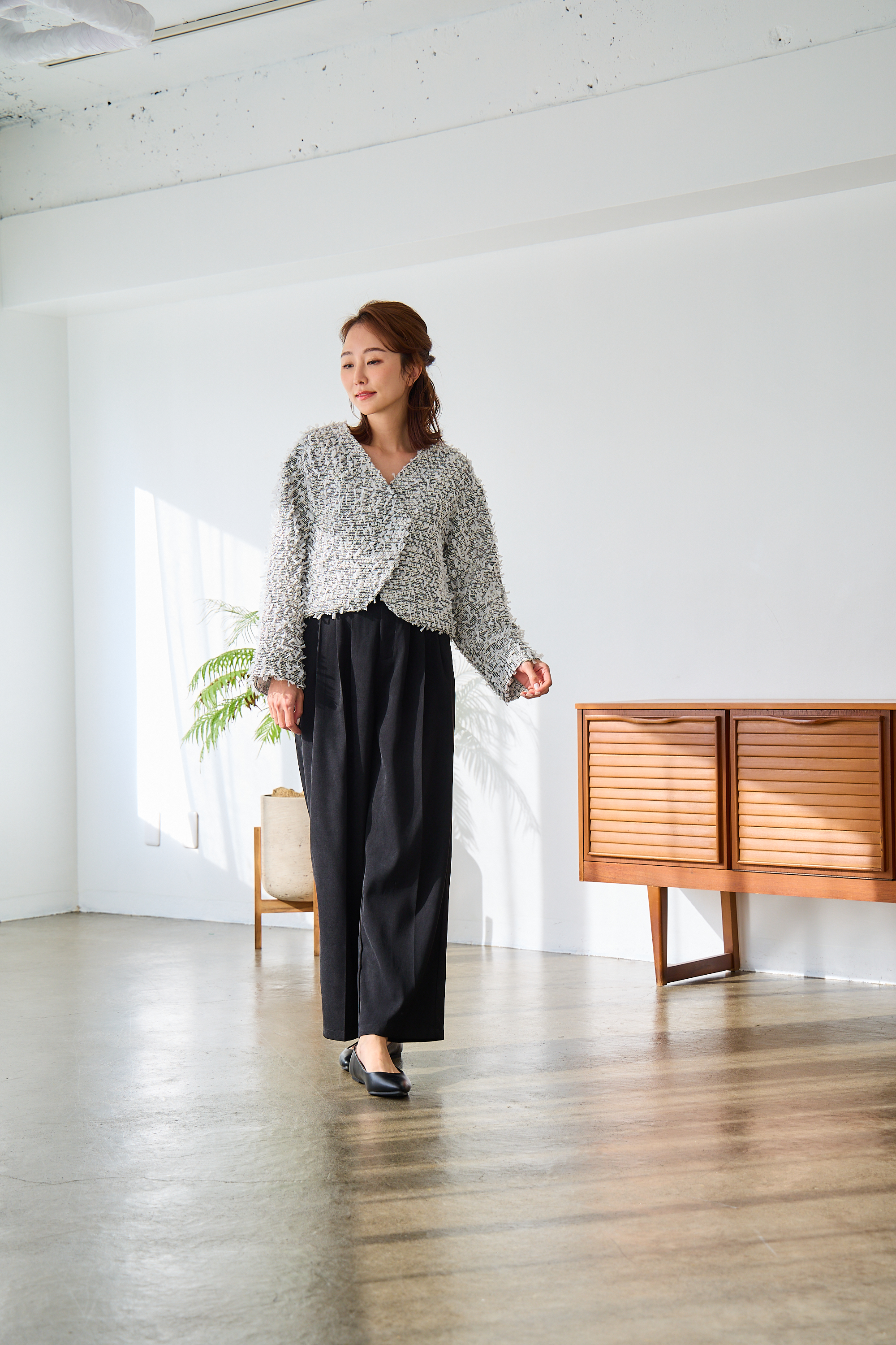 mako×Myuコラボ【キラキラツイード スッキリ見せノーカラージャケット(kbm603)】メール便OK