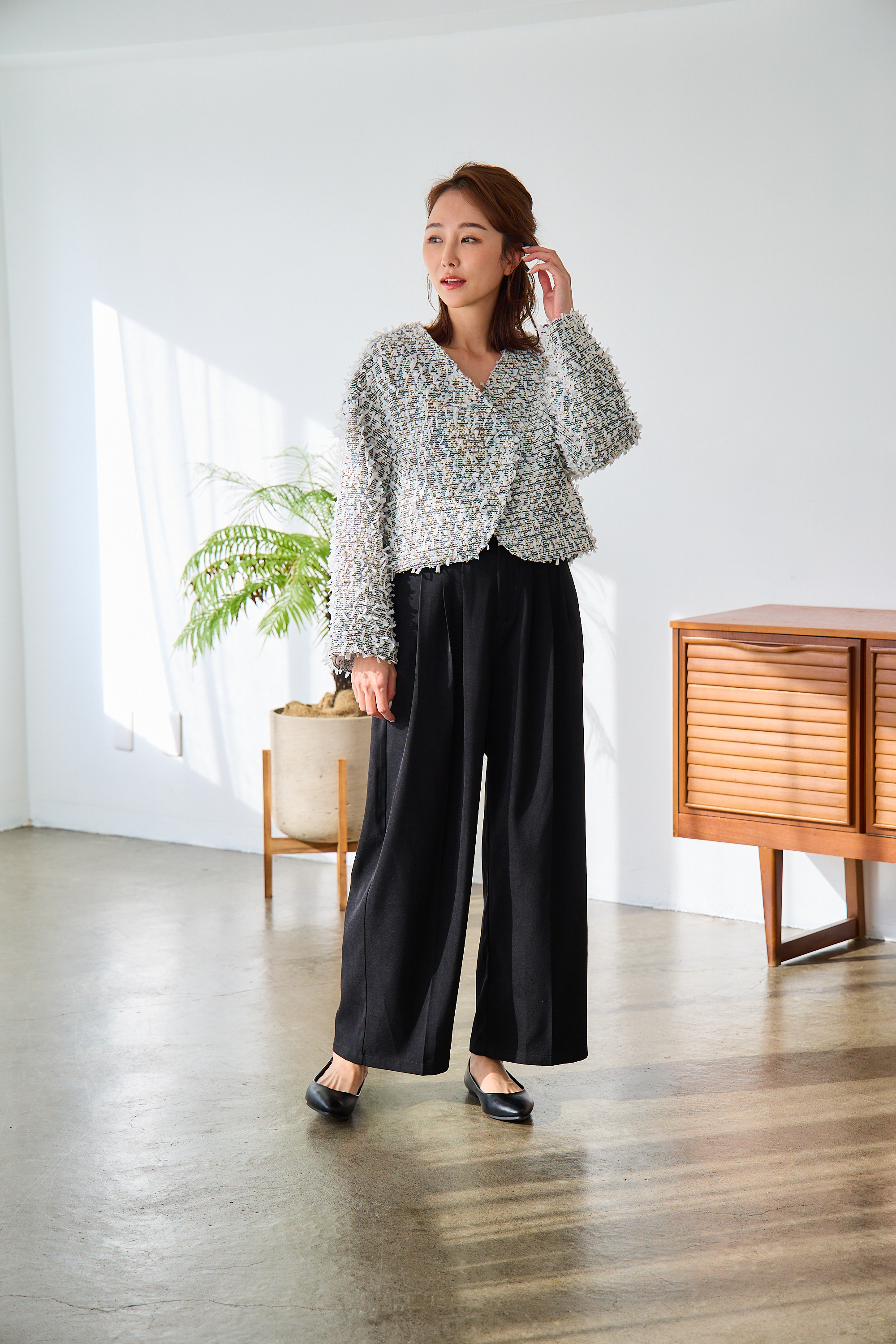 mako×Myuコラボ【キラキラツイード スッキリ見せノーカラージャケット(kbm603)】メール便OK