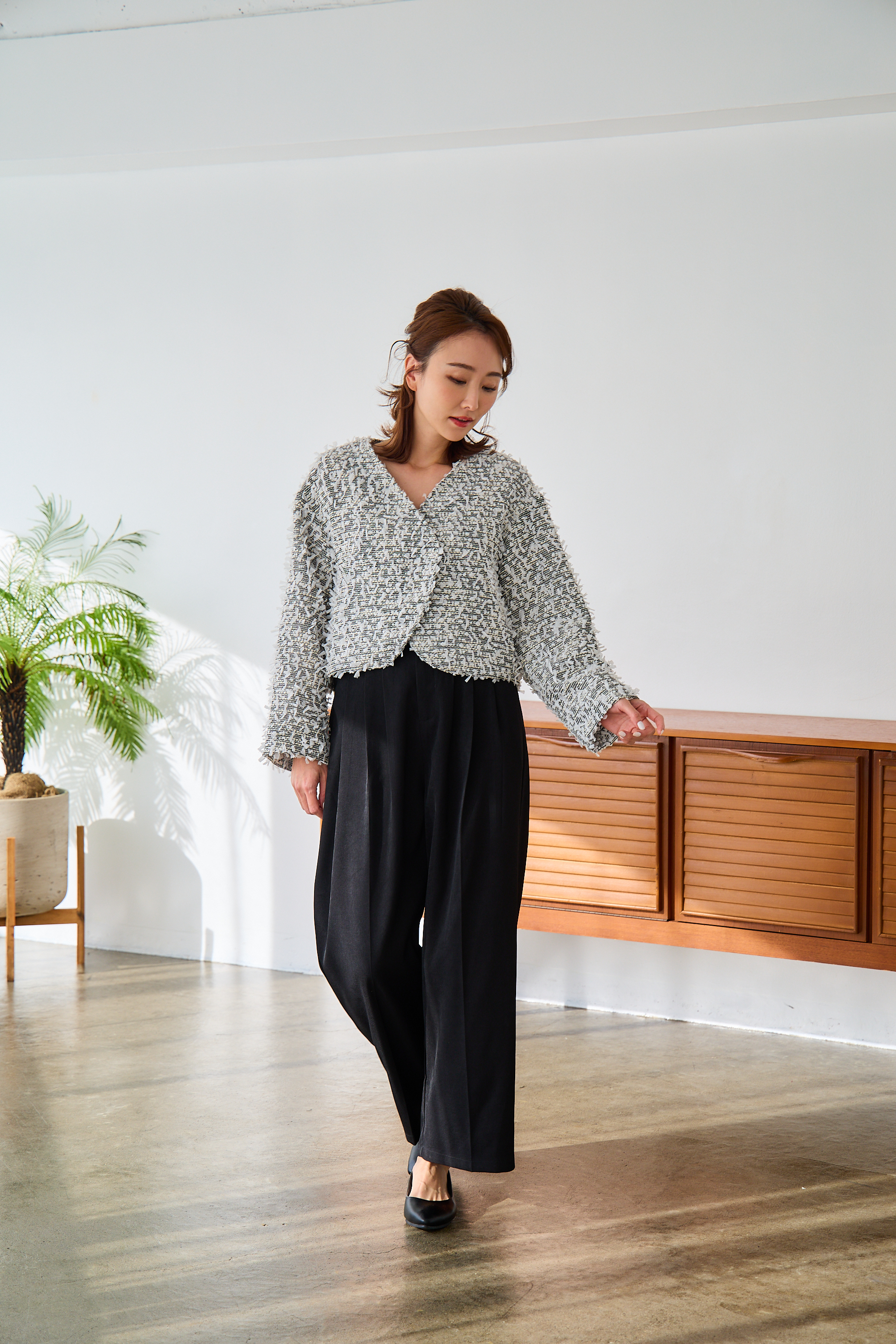 mako×Myuコラボ【キラキラツイード スッキリ見せノーカラージャケット(kbm603)】メール便OK