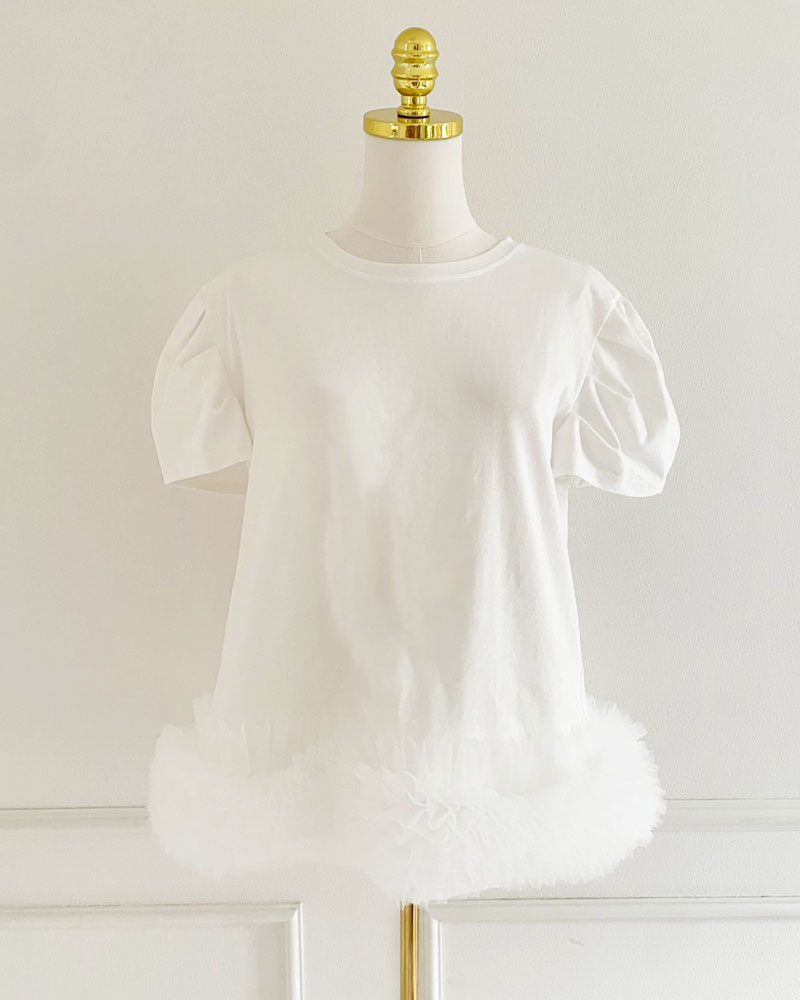 裾チュールパフスリーブTシャツ