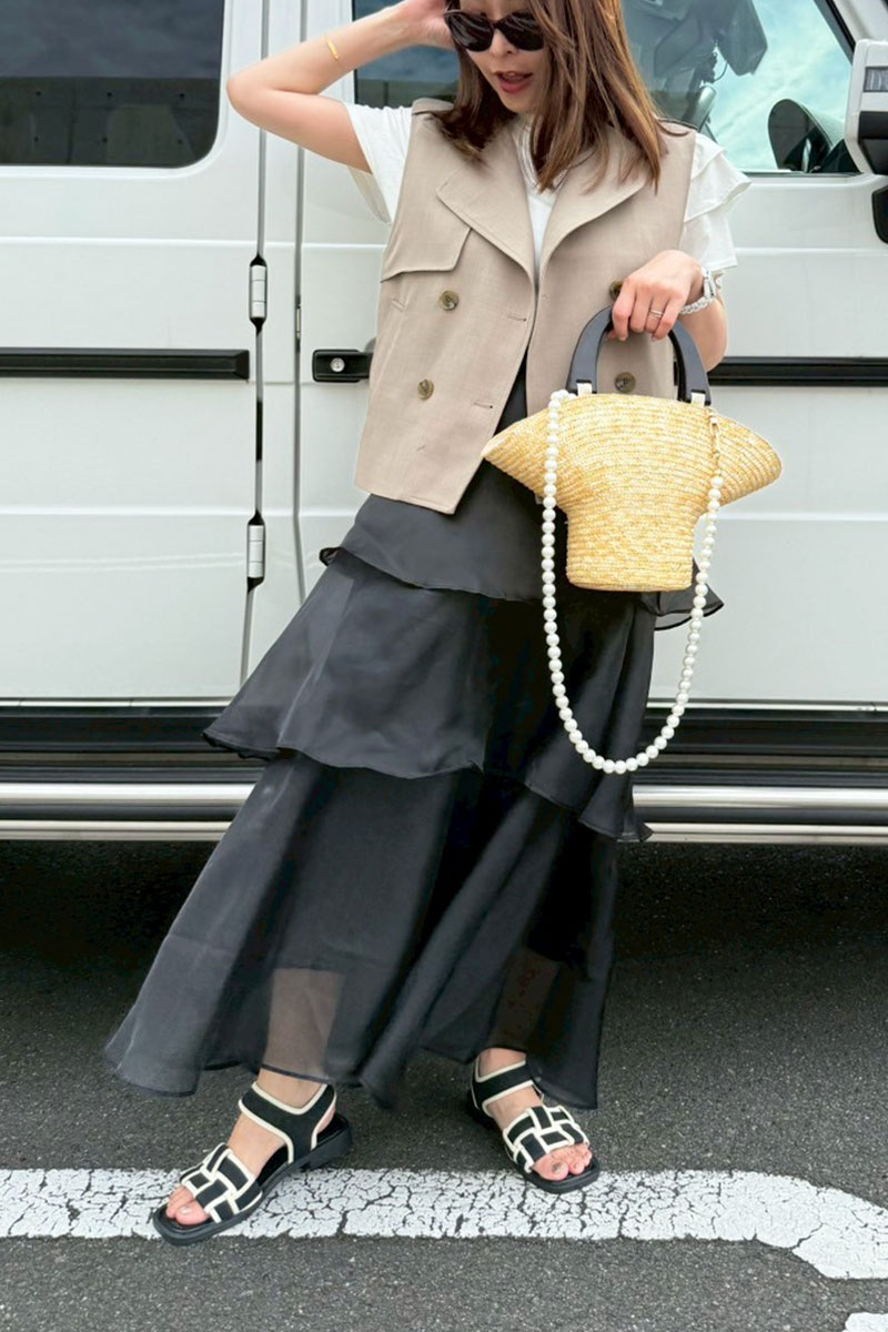 【オーガンジーティアードフリルロングスカート】