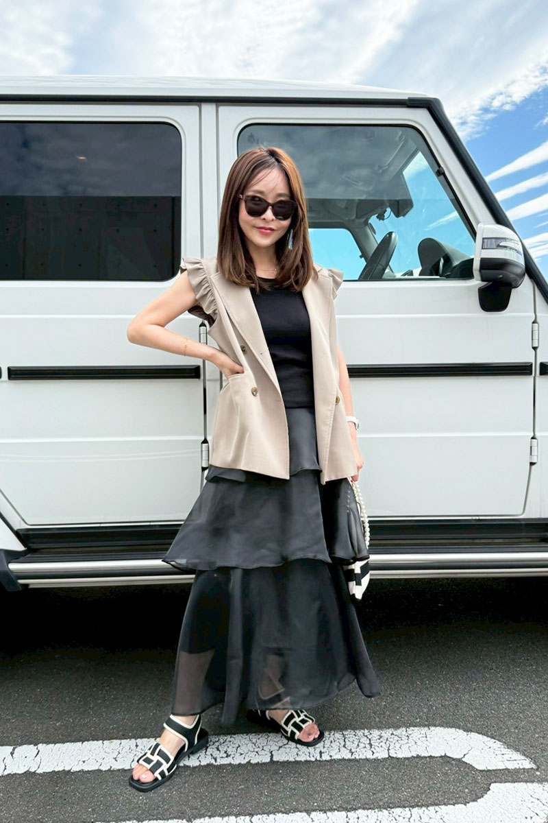 【オーガンジーティアードフリルロングスカート】