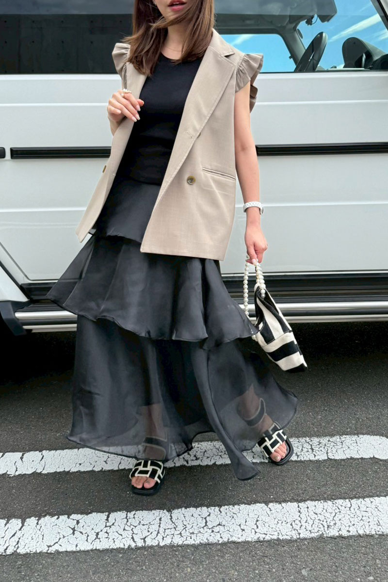 【オーガンジーティアードフリルロングスカート】