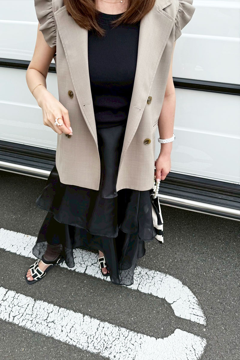 【オーガンジーティアードフリルロングスカート】