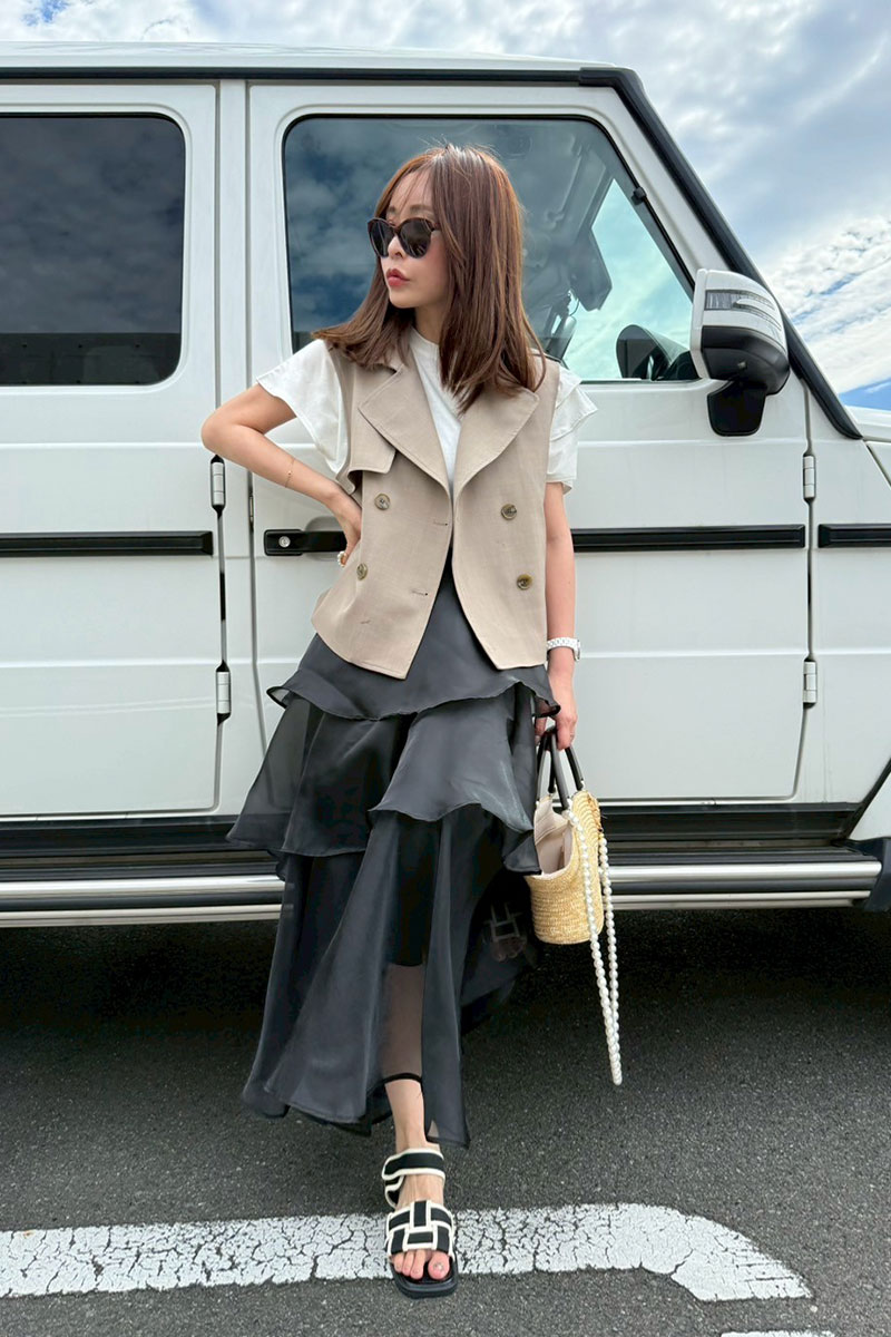 【オーガンジーティアードフリルロングスカート】